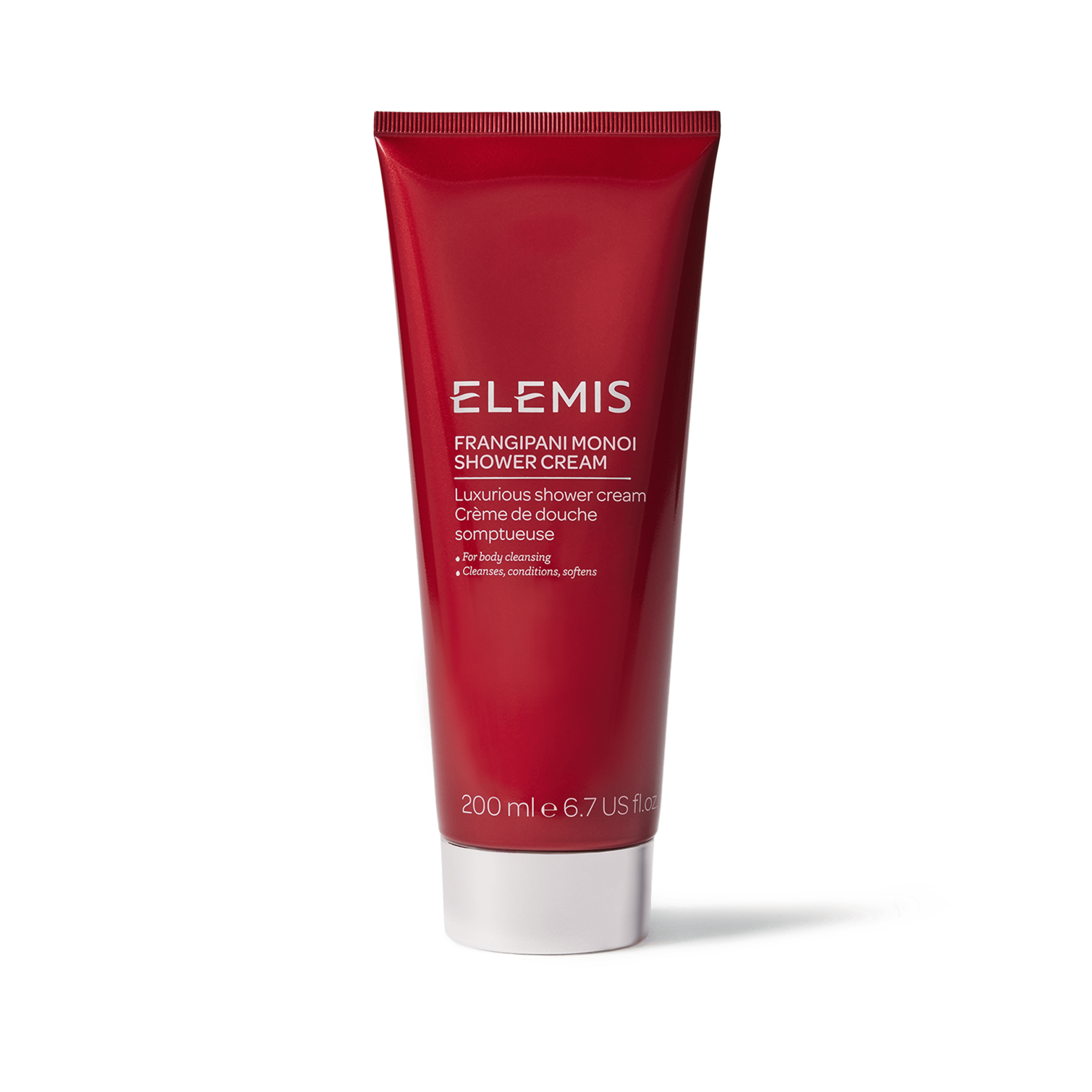 Red tube of ELEMIS Frangipani Monoi Shower Cream, described as a luxurious body cleansing cream that cleanses, conditions and softens, 200ml size, standing upright on a white background.