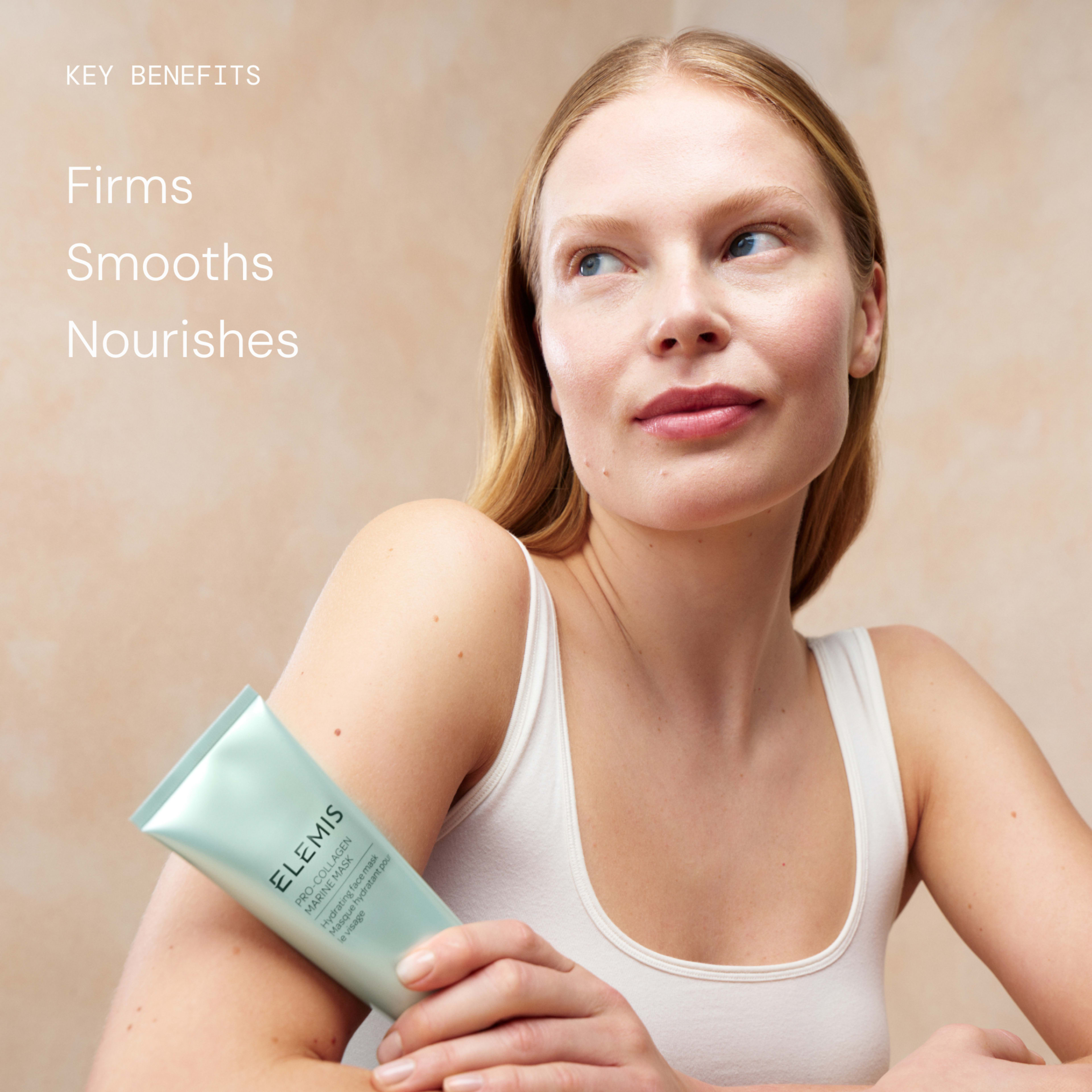 Woman in a white vest holding a pale green ELEMIS Pro-Collagen product tube against a neutral background, looking off camera with a relaxed expression. On the left, text reads: "Key benefits – Firms, Smooths, Nourishes".