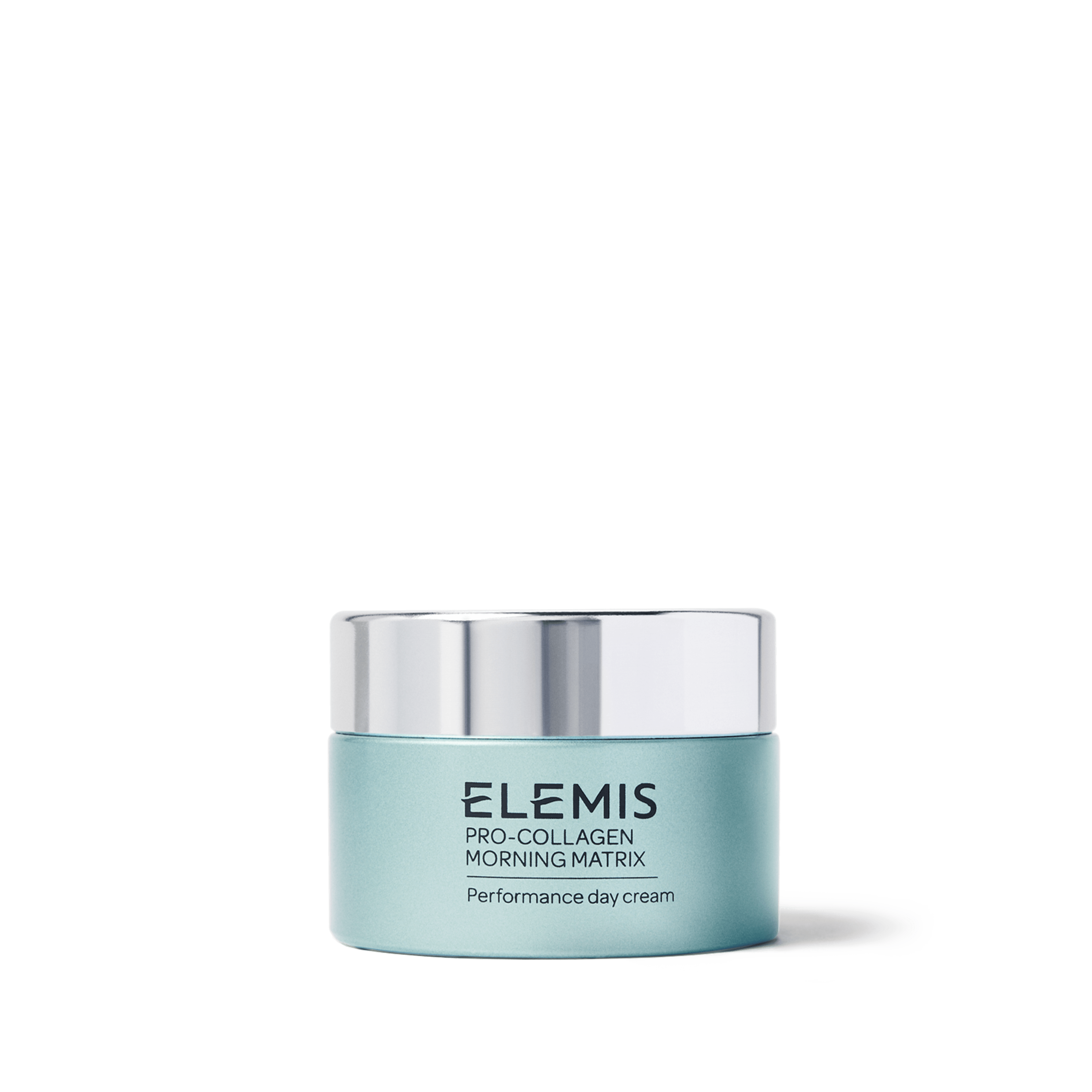 ELEMIS Pro-Collagen Morning Matrix Performance day cream in a turquoise jar with a reflective silver lid, shown against a plain white background.