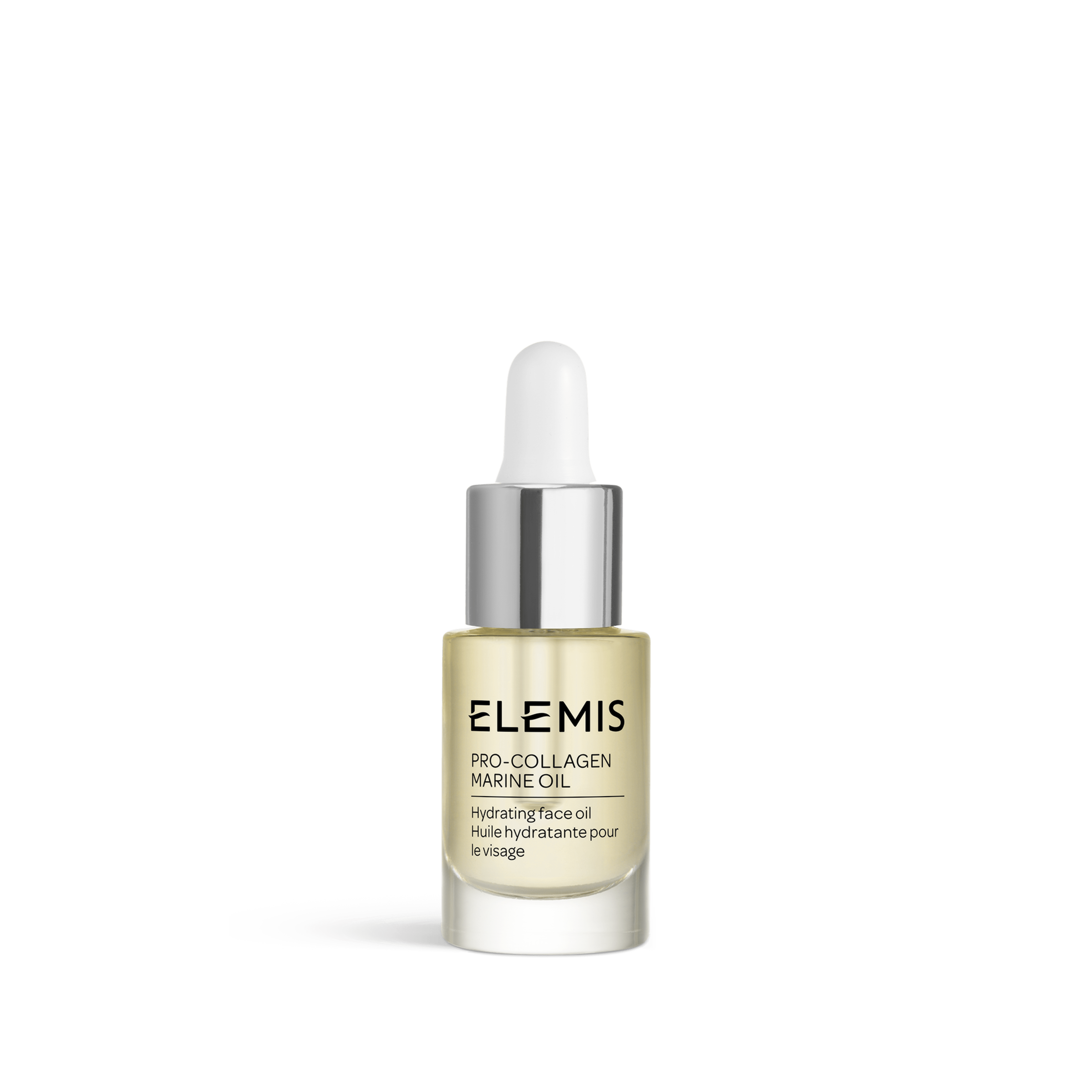 ELEMIS Pro-Collagen Marine Oil bottle with dropper, labelled as a hydrating face oil, standing upright on a plain white background.