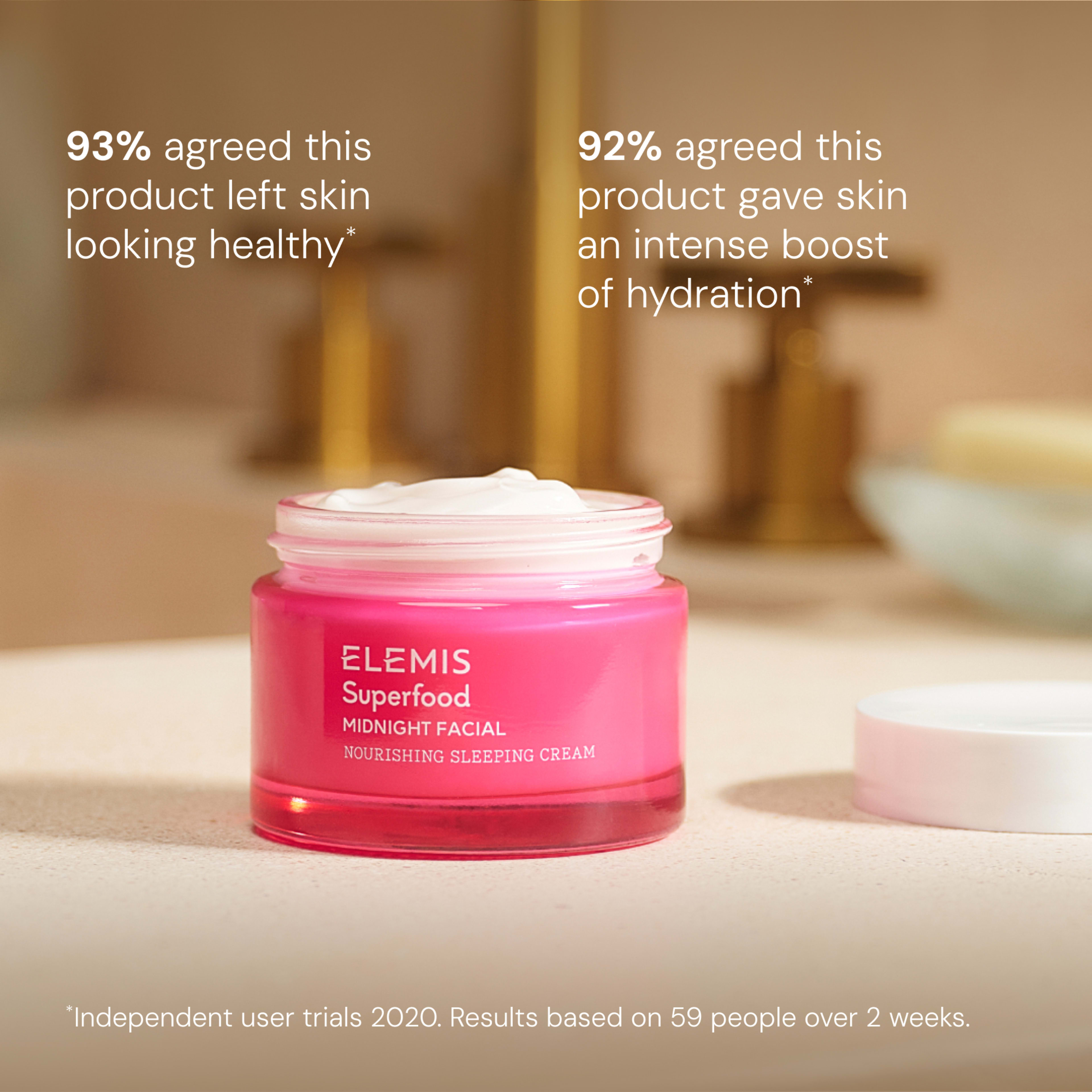 ELEMIS Superfood Midnight Facial Nourishing Sleeping Cream jar on a bathroom counter with cream visible. Text claims 93% agreed it left skin looking healthy and 92% agreed it gave skin an intense boost of hydration, based on 59 people over 2 weeks.