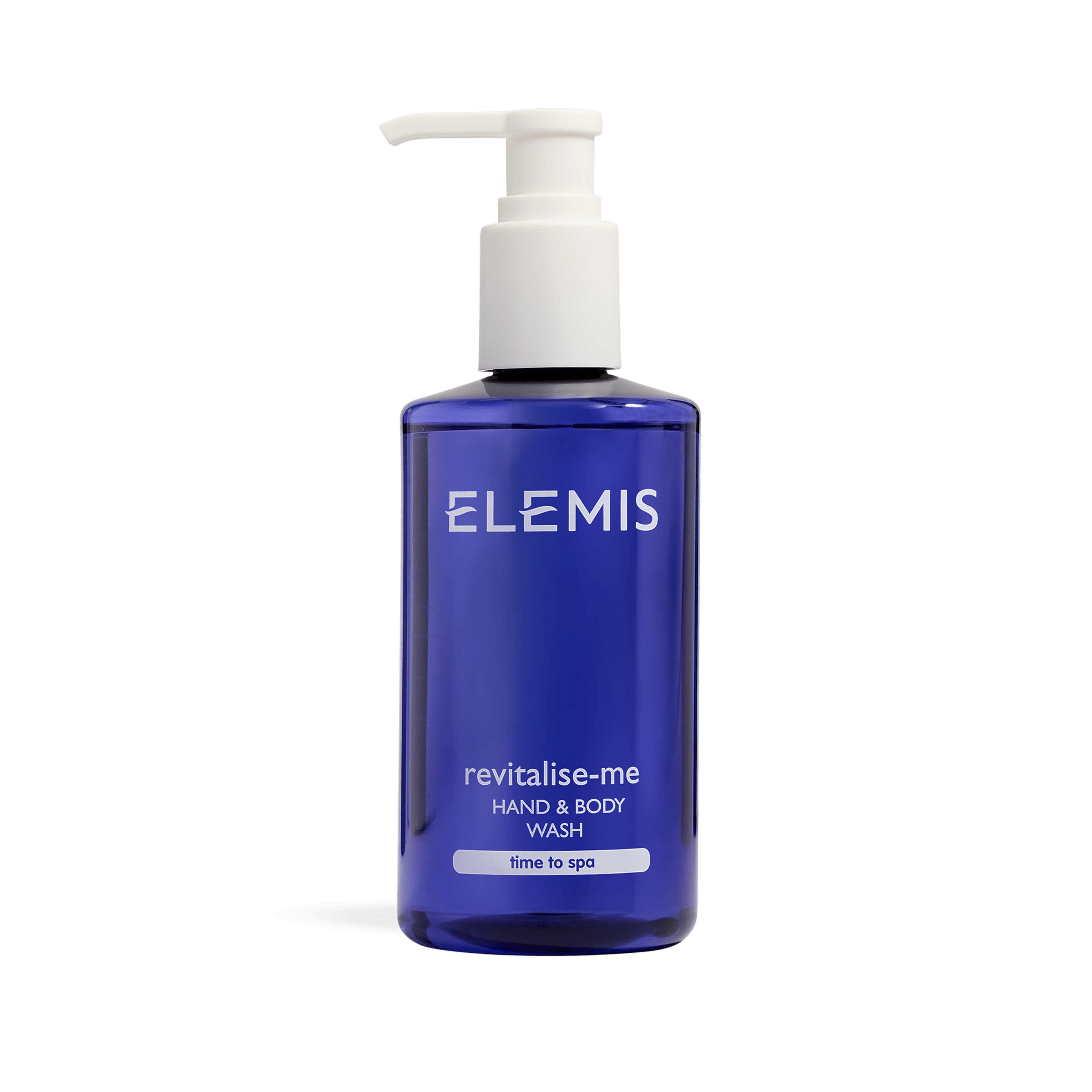 ELEMIS Revitalise-Me Hand & Body Wash in a cobalt blue pump bottle, shown on a plain background.