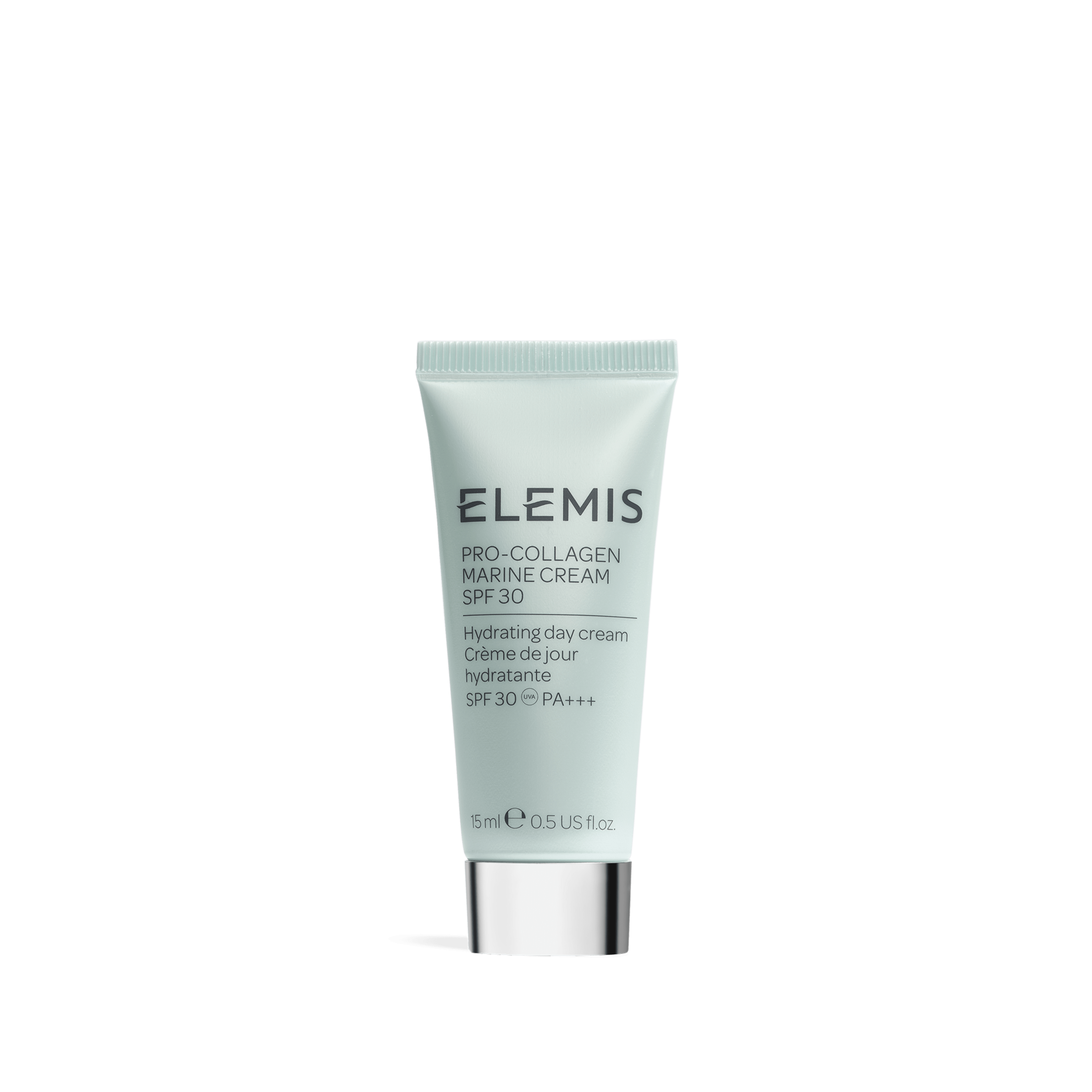 ELEMIS Pro-Collagen Marine Cream SPF 30 hydrating day cream in a 15ml travel-size mint tube with silver base, shown on a plain background.