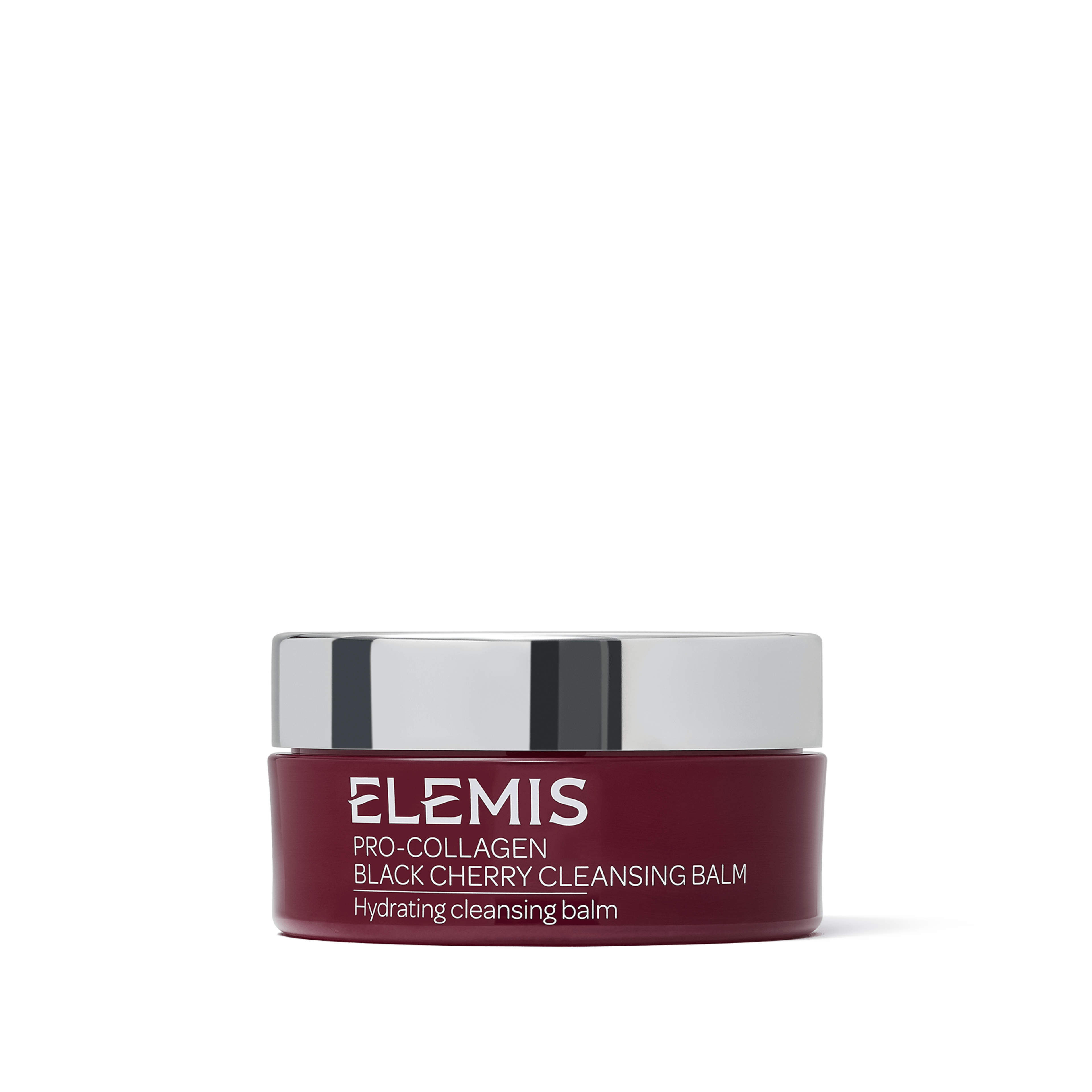ELEMIS Pro-Collagen Black Cherry Cleansing Balm in a deep cherry-red jar with a reflective silver lid, labelled as a hydrating cleansing balm.