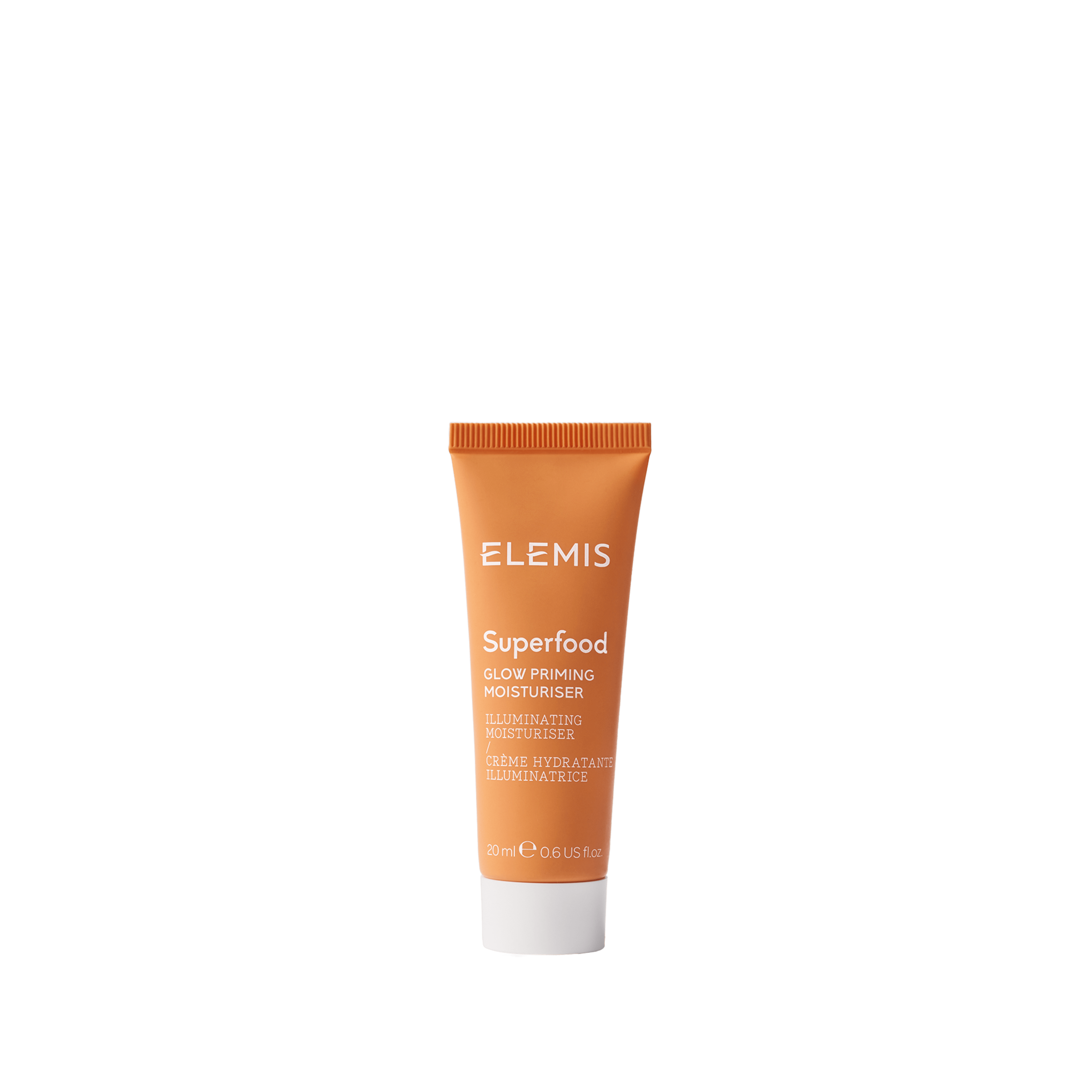 ELEMIS Superfood Glow Priming Moisturiser in an orange 20ml tube with white cap, standing upright against a plain background.