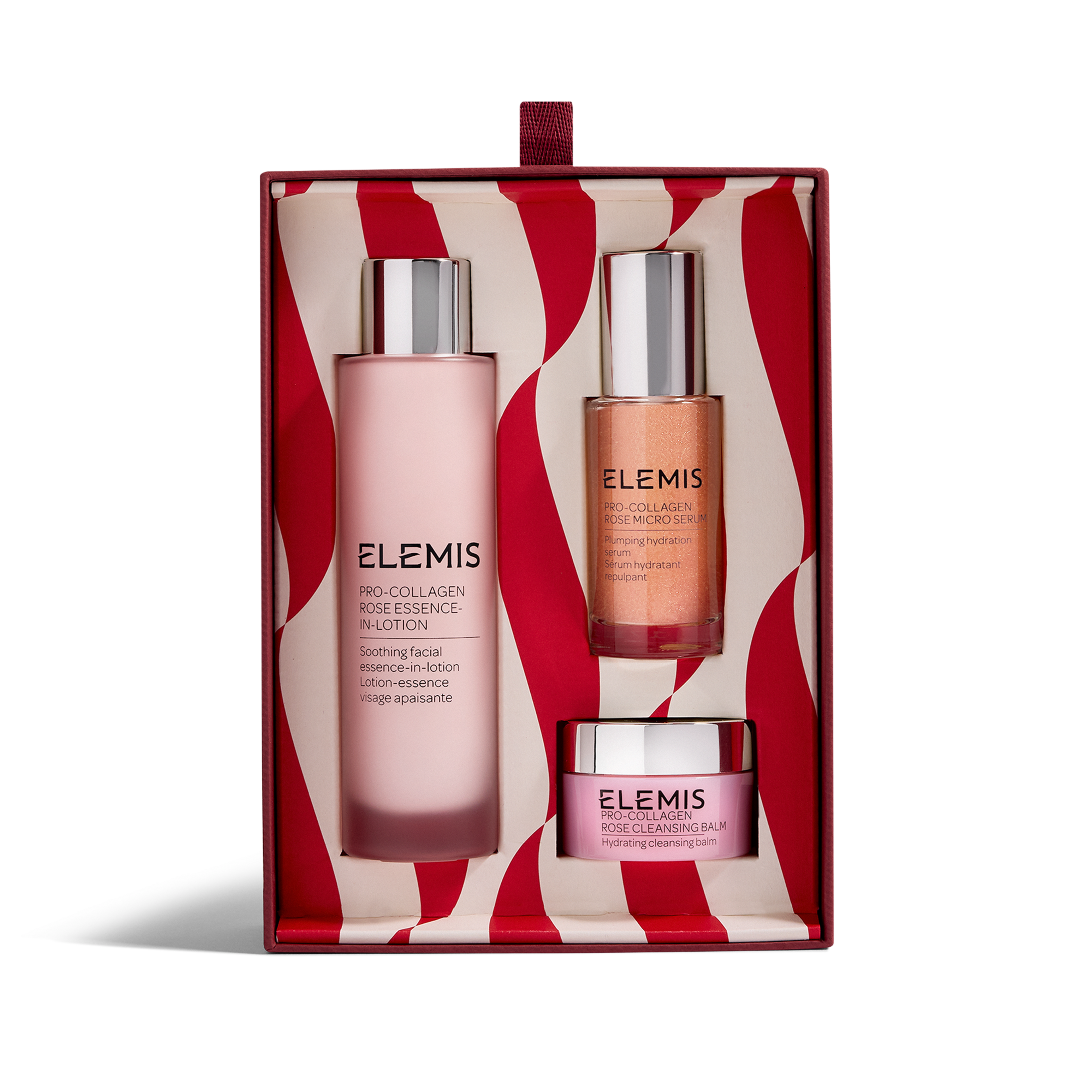 ELEMIS Pro-Collagen rose skincare gift set in a red box with wavy white lining, containing full-size Rose Essence-In-Lotion, Rose Micro Serum and Pro-Collagen Rose Cleansing Balm jar arranged neatly inside.