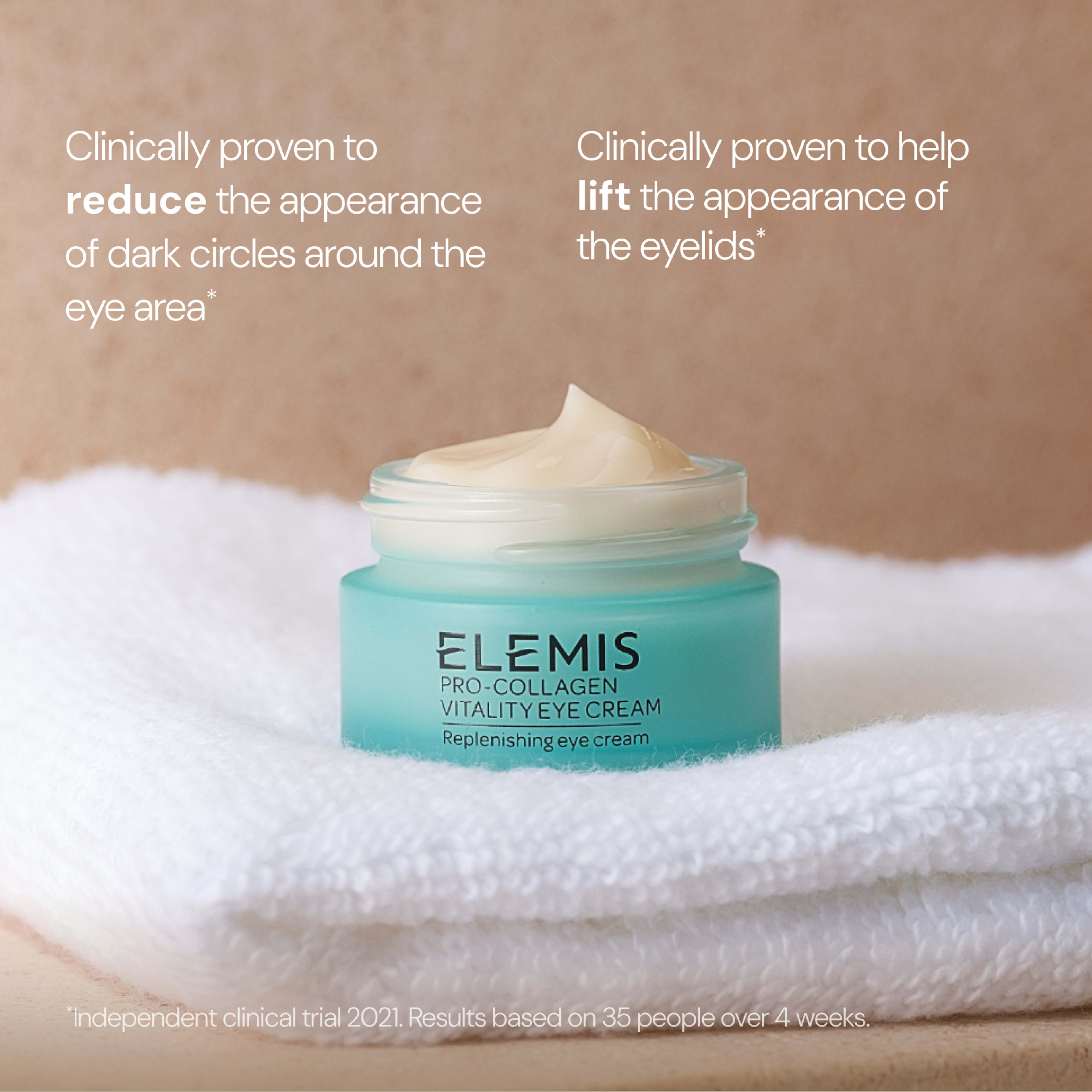 ELEMIS Pro-Collagen Vitality Eye Cream jar on folded white towel, showing a creamy swatch. On-image claims say it is “clinically proven to reduce the appearance of dark circles around the eye area” and “clinically proven to help lift the appearance of the eyelids”.