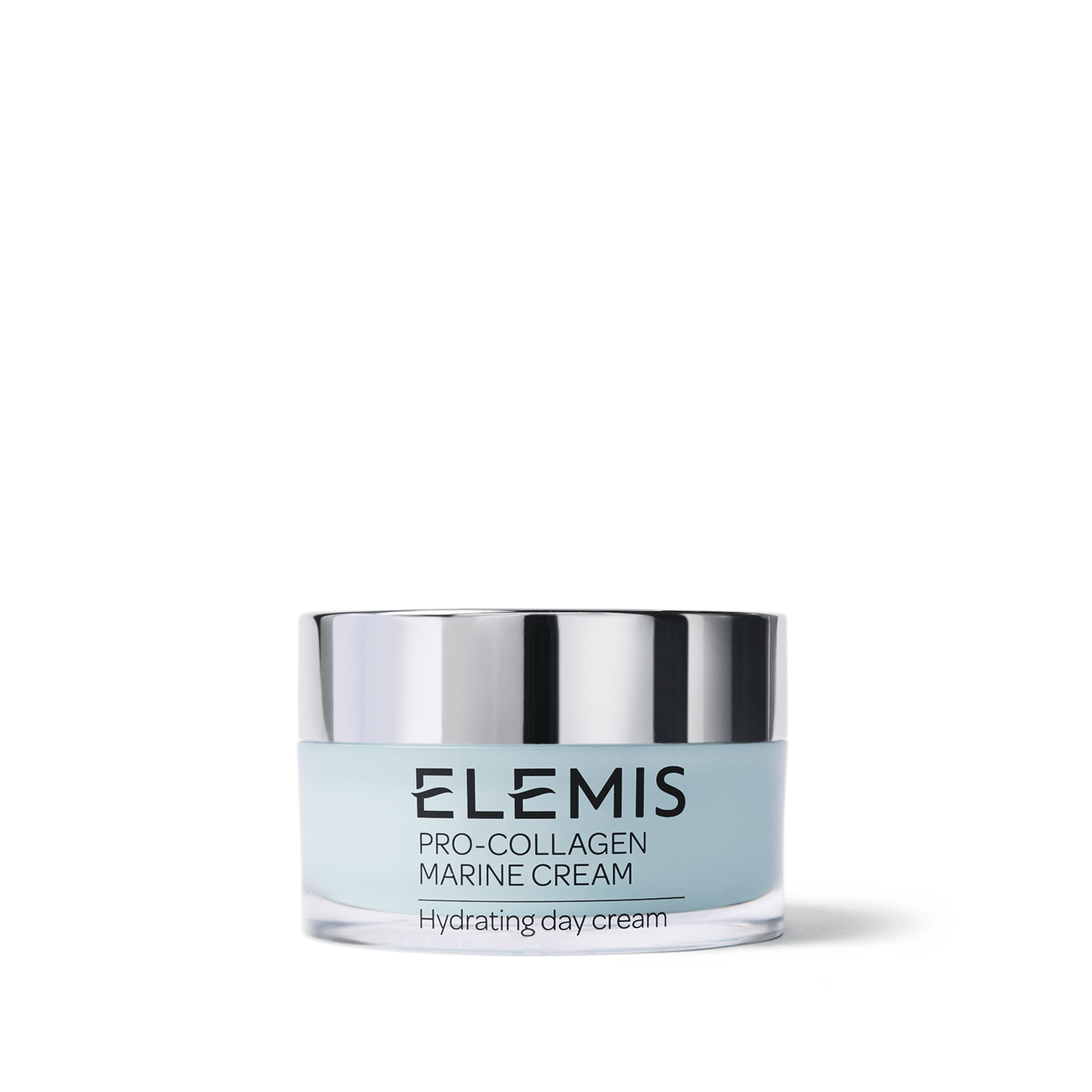 ELEMIS Pro-Collagen Marine Cream jar, a light blue hydrating day cream in a clear glass pot with a reflective silver lid, shown against a white background.
