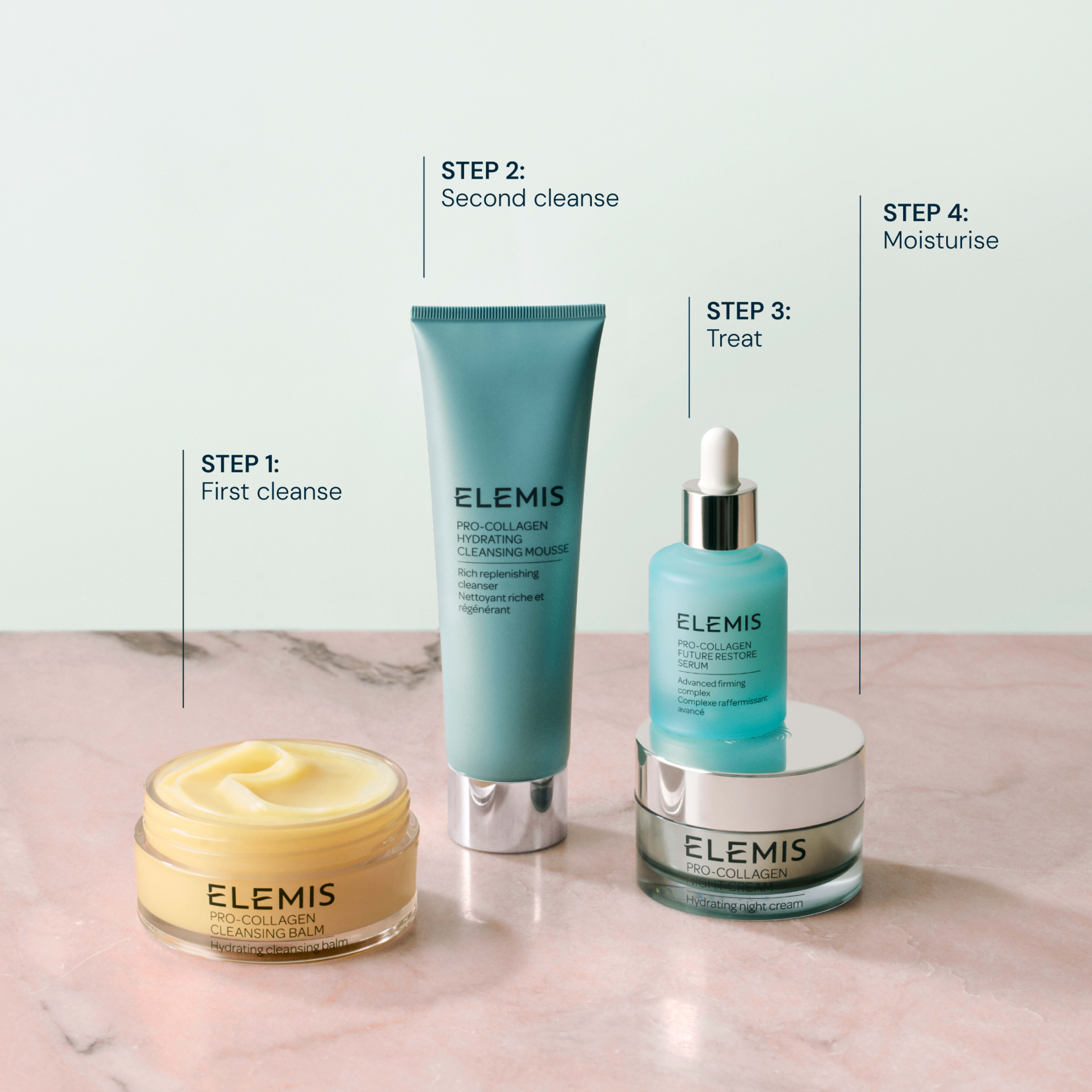 ELEMIS pro-collagen skincare routine on a pink surface: step 1 first cleanse with Pro-Collagen Cleansing Balm, step 2 second cleanse with Pro-Collagen Hydrating Cleansing Mousse, step 3 treat with Pro-Collagen Future Restore Serum, step 4 moisturise with hydrating night cream.