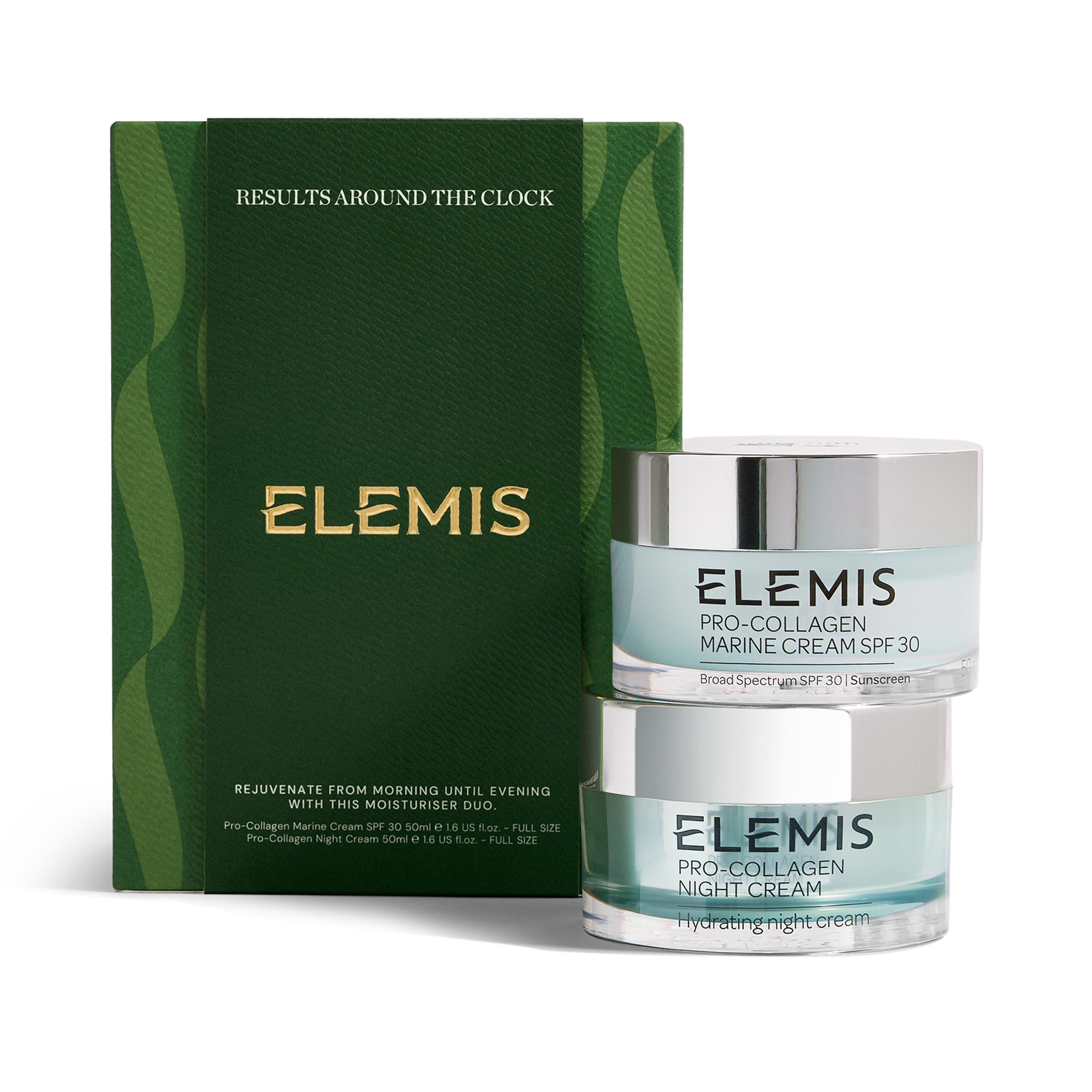 ELEMIS Pro-Collagen skincare gift set with green box reading “results around the clock”, containing Pro-Collagen Night Cream and Pro-Collagen Marine Cream SPF30 in silver-lidded jars, described as a moisturiser duo to rejuvenate skin from morning to evening.