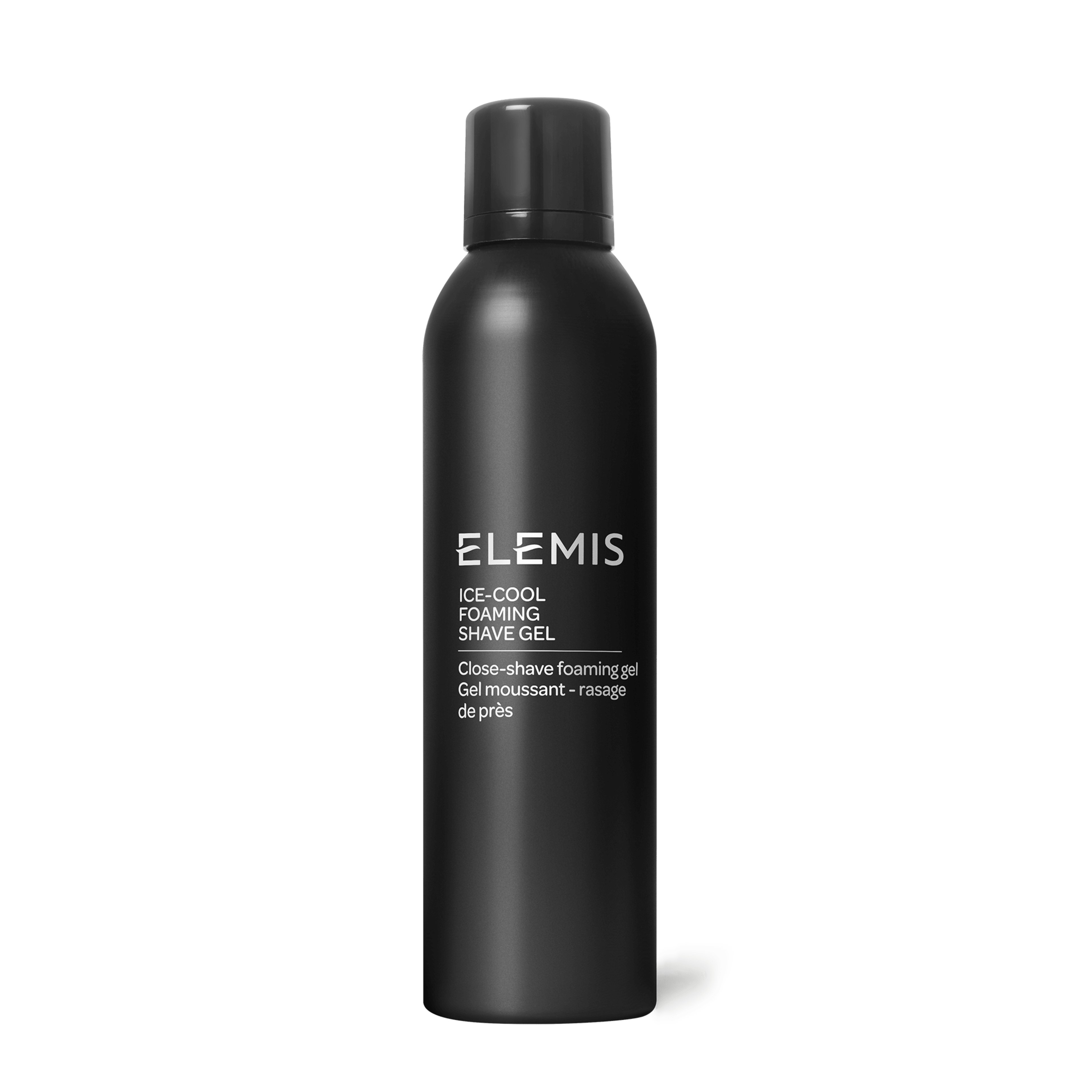 Black cylindrical can of ELEMIS Ice-Cool Foaming Shave Gel with a matching black cap, shown standing upright against a plain white background, product name and description printed in white on the front.