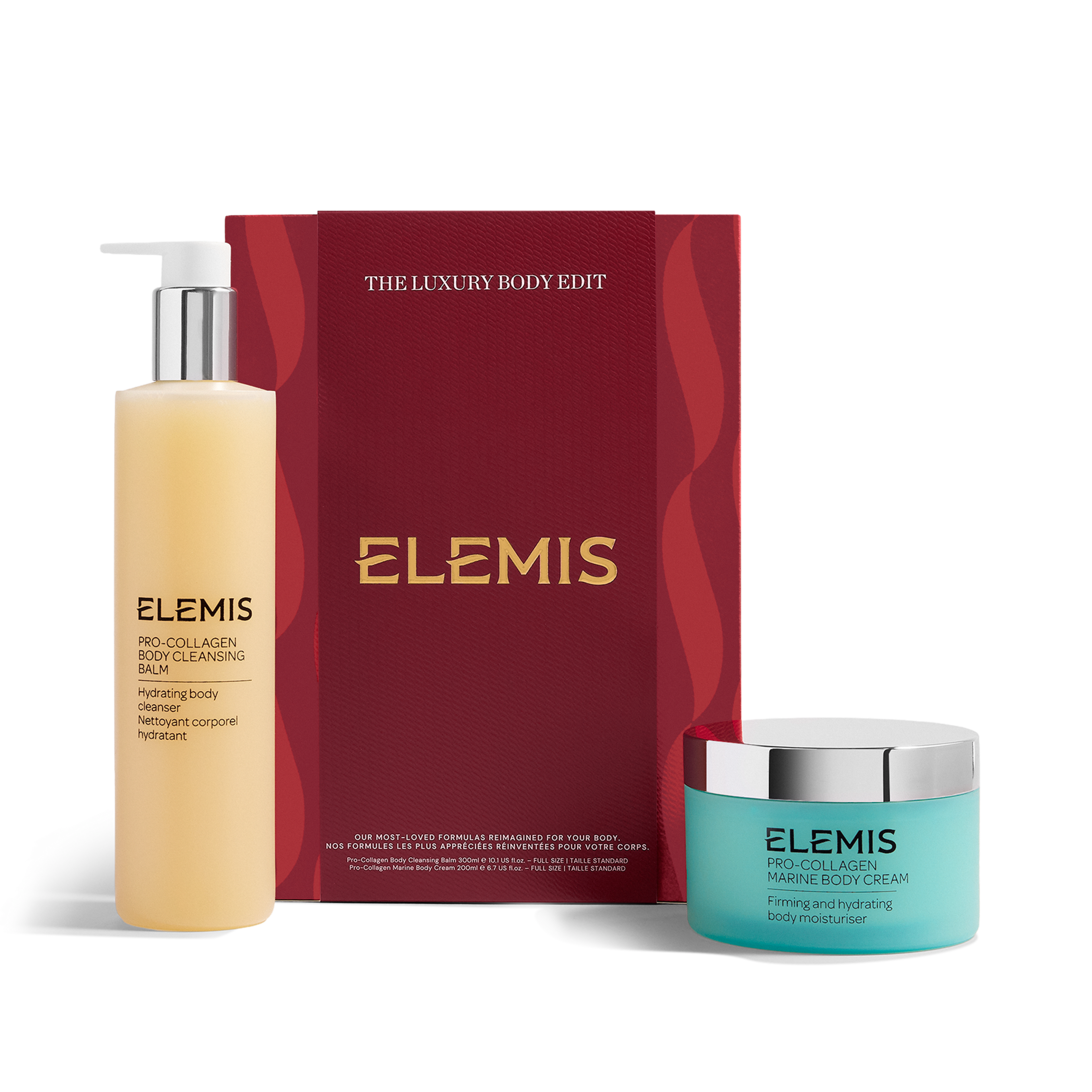 ELEMIS The Luxury Body Edit gift set with a tall pump bottle of Pro-Collagen Body Cleansing Balm and a turquoise jar of Pro-Collagen Marine Body Cream arranged in front of a red presentation box.