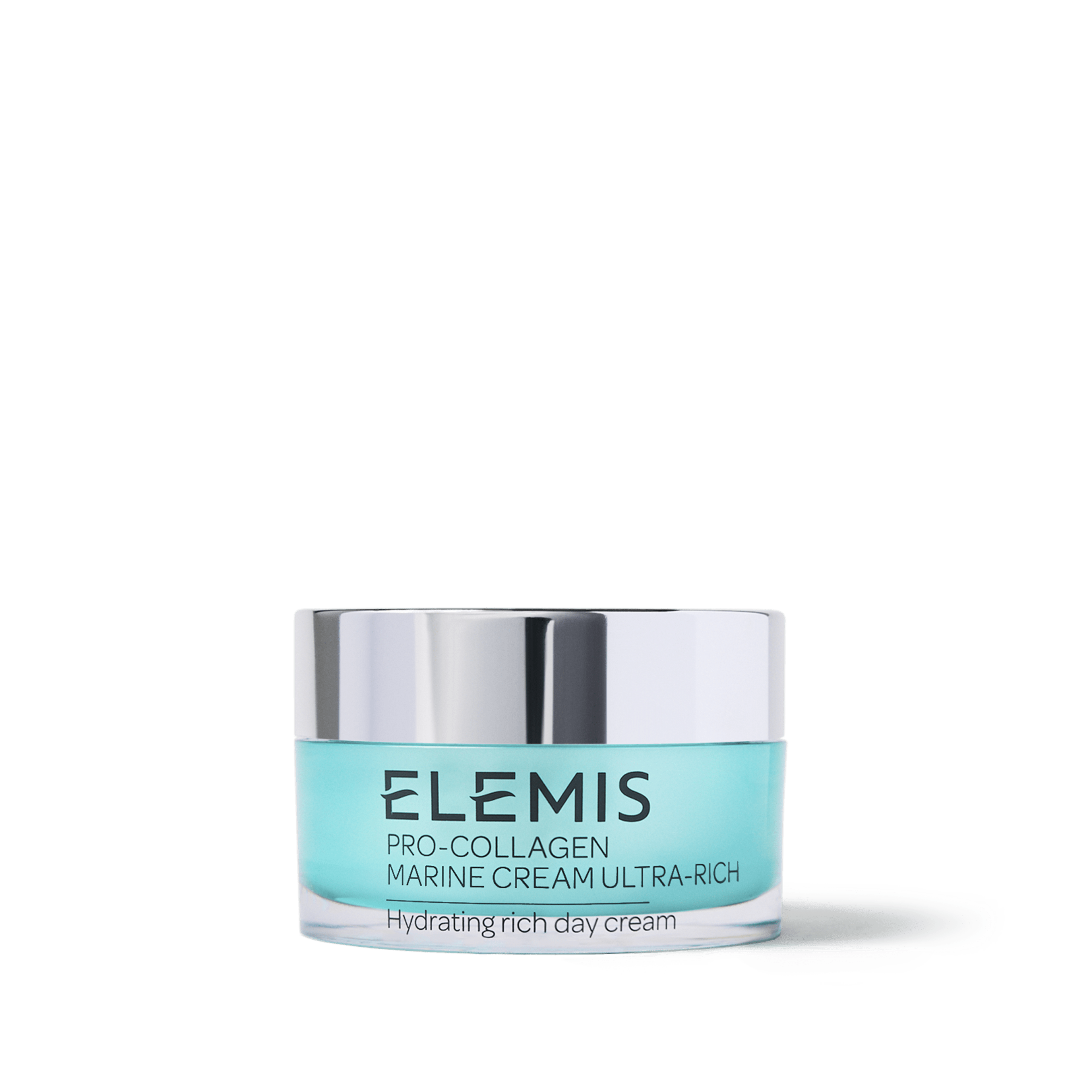 ELEMIS Pro-Collagen Marine Cream Ultra-Rich jar with silver lid and turquoise container, labelled “Hydrating rich day cream”, shown on a white background.