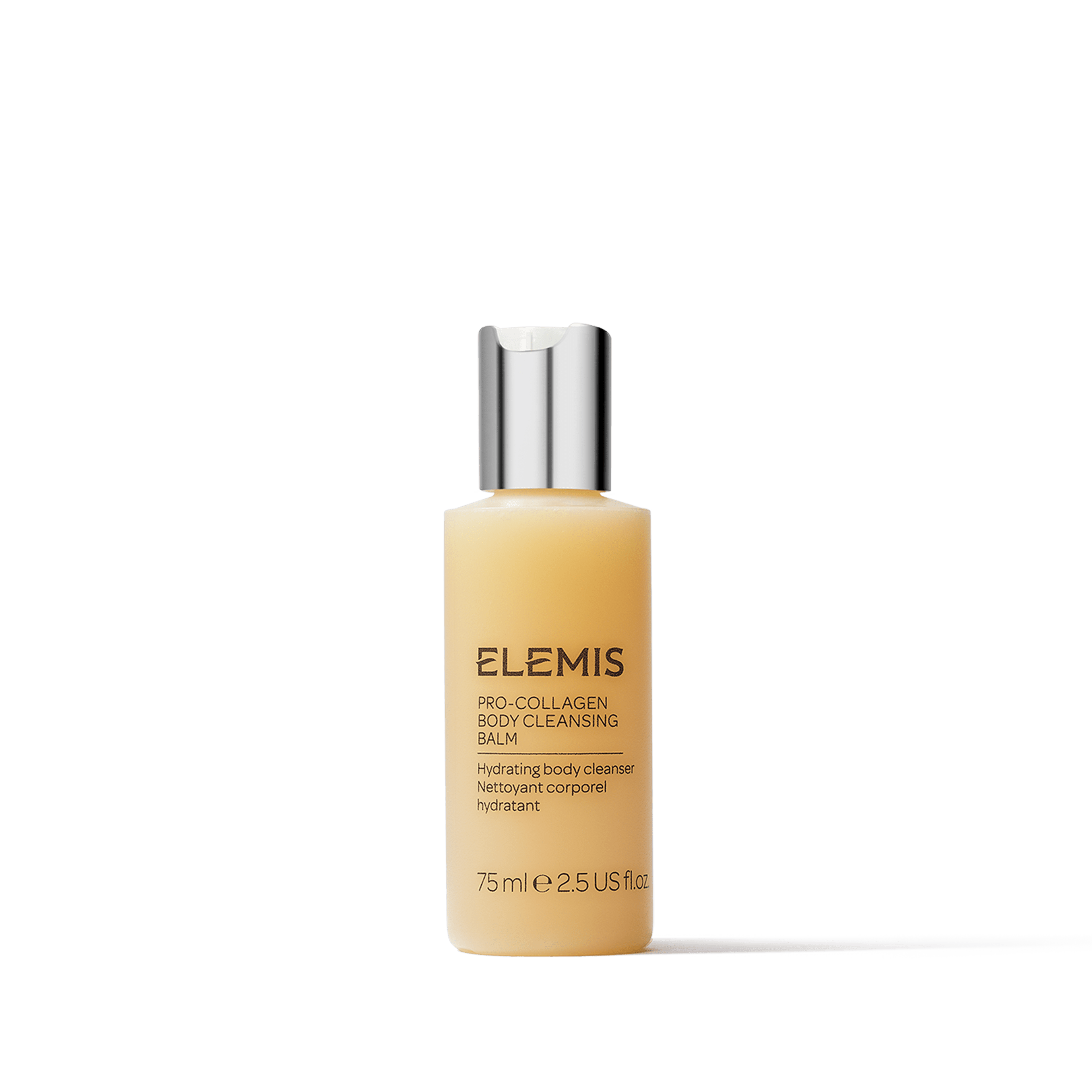 ELEMIS Pro-Collagen Body Cleansing Balm bottle with silver cap on a white background, labelled as a hydrating body cleanser, 75ml.