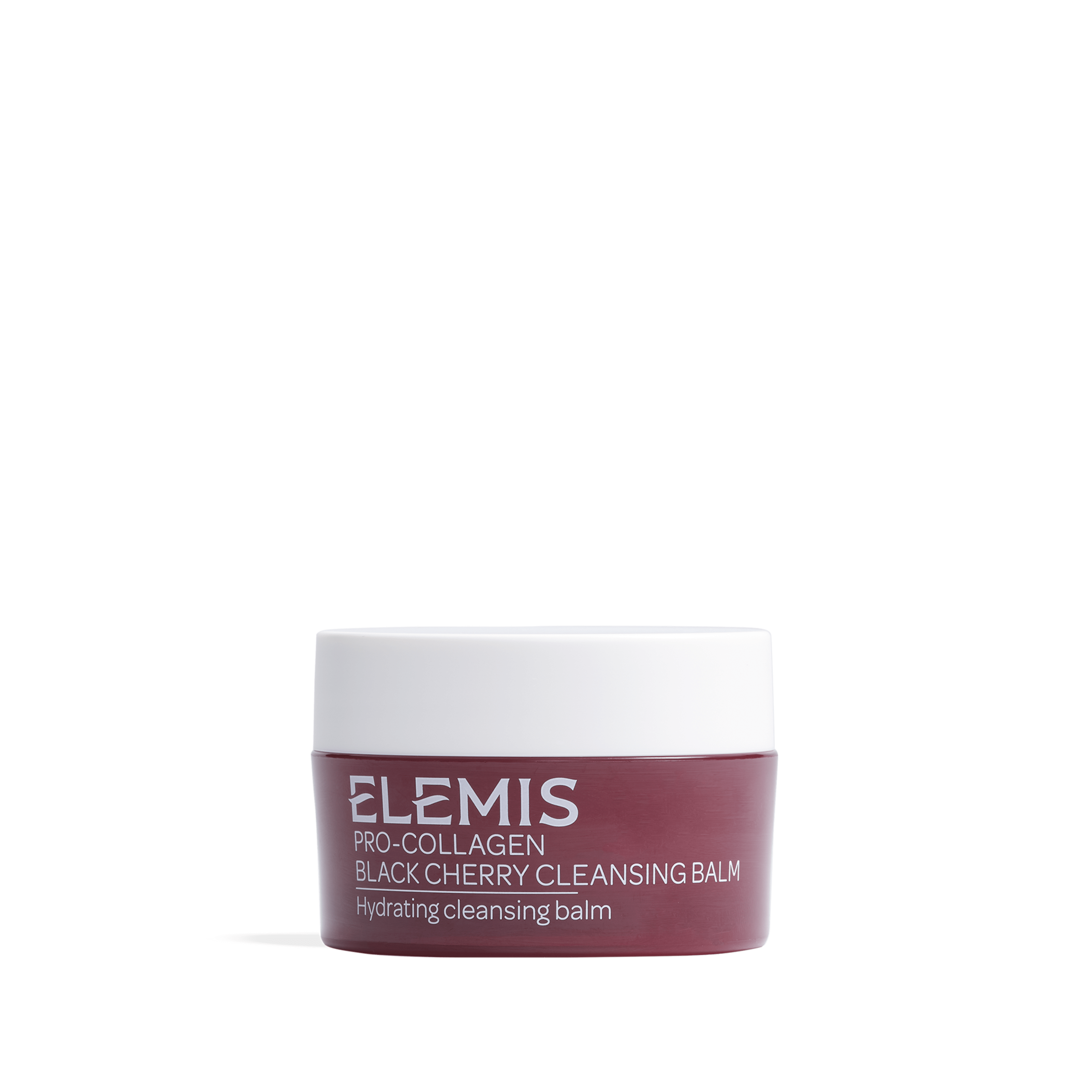 ELEMIS Pro-Collagen Black Cherry Cleansing Balm jar with white lid and deep cherry base, labelled as a hydrating cleansing balm.
