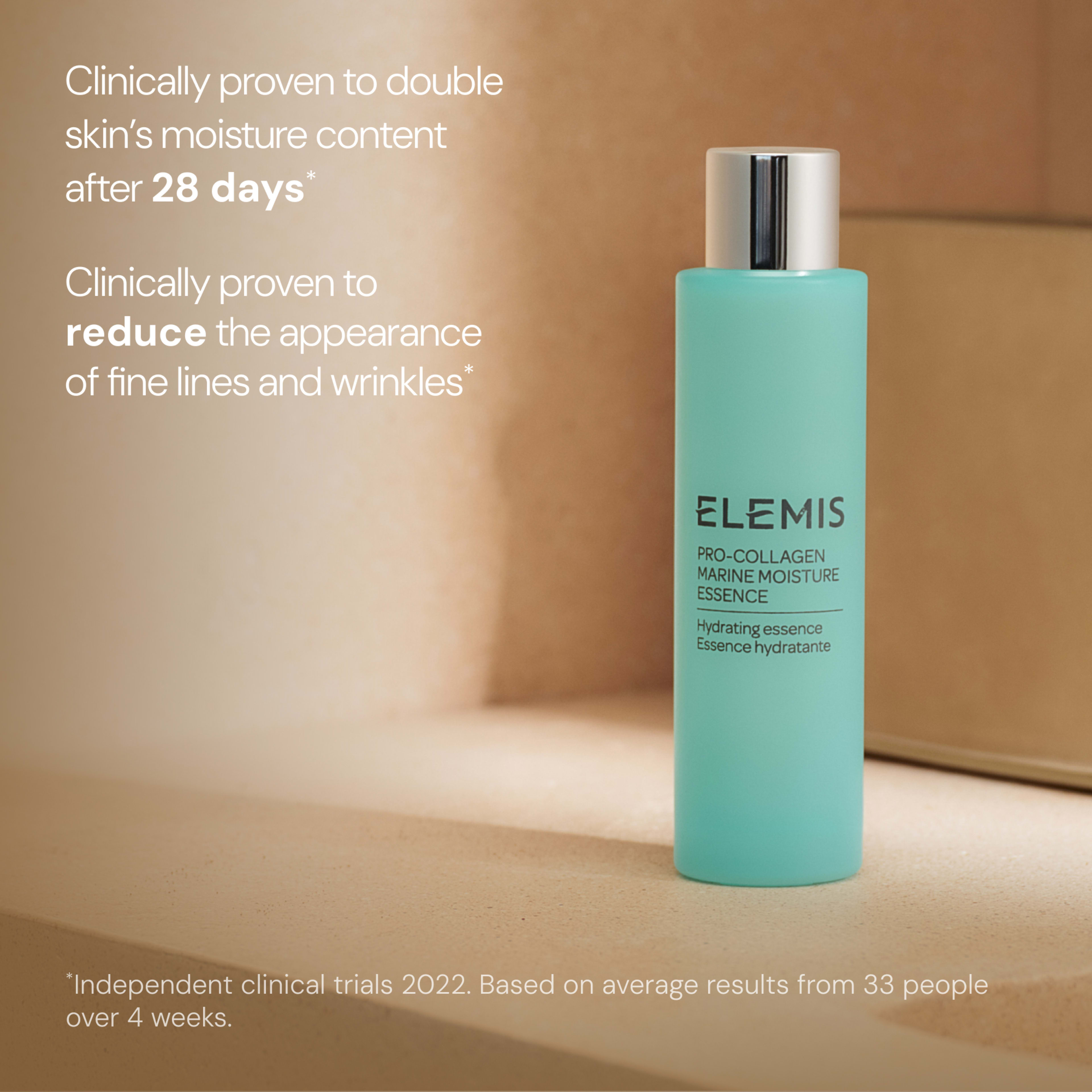 ELEMIS Pro-Collagen Marine Moisture Essence bottle on a neutral background with text claiming it is clinically proven to double skin’s moisture content after 28 days and reduce the appearance of fine lines and wrinkles, based on independent clinical trials in 2022.