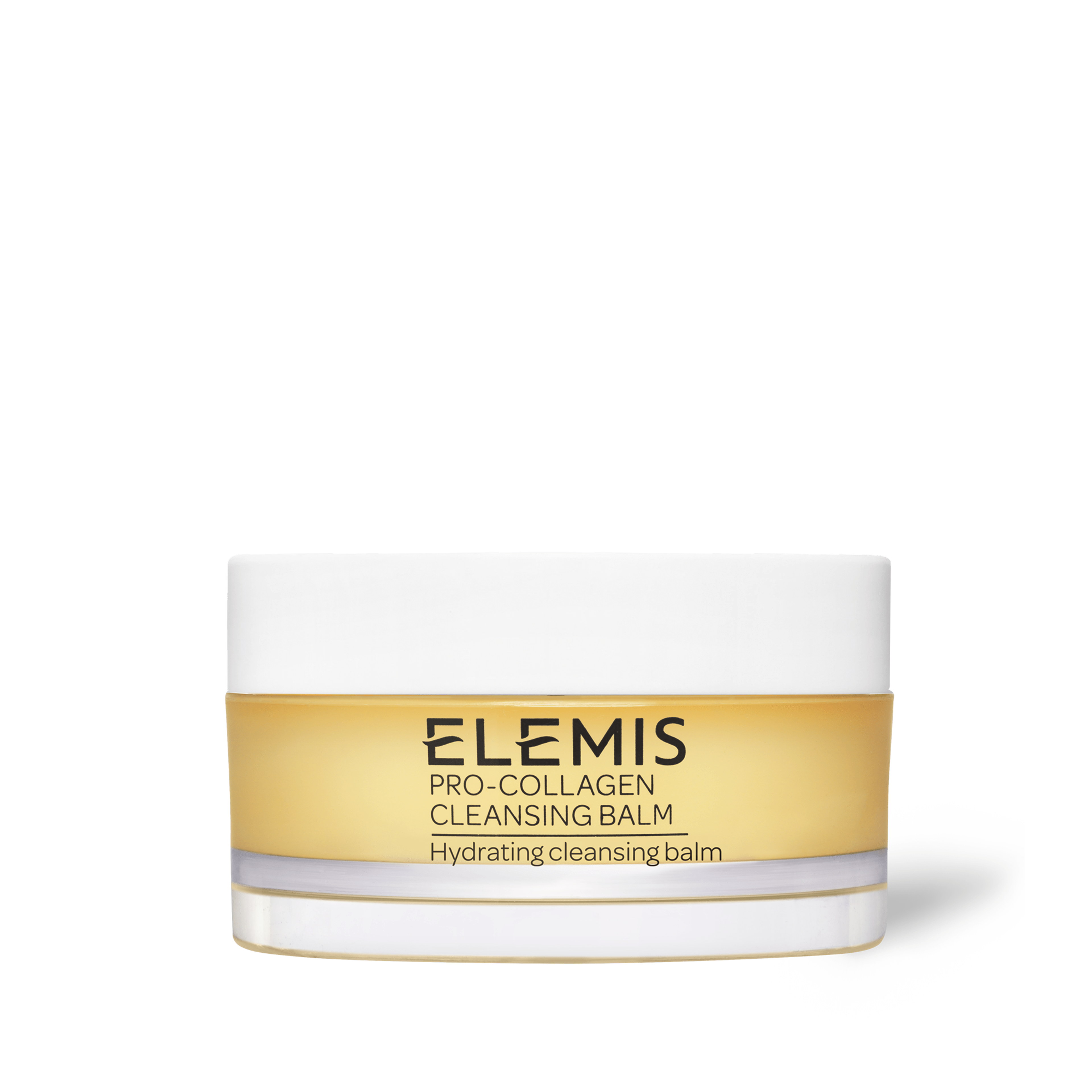 ELEMIS Pro-Collagen Cleansing Balm jar with white lid and transparent golden-yellow balm, labelled “Hydrating cleansing balm”.