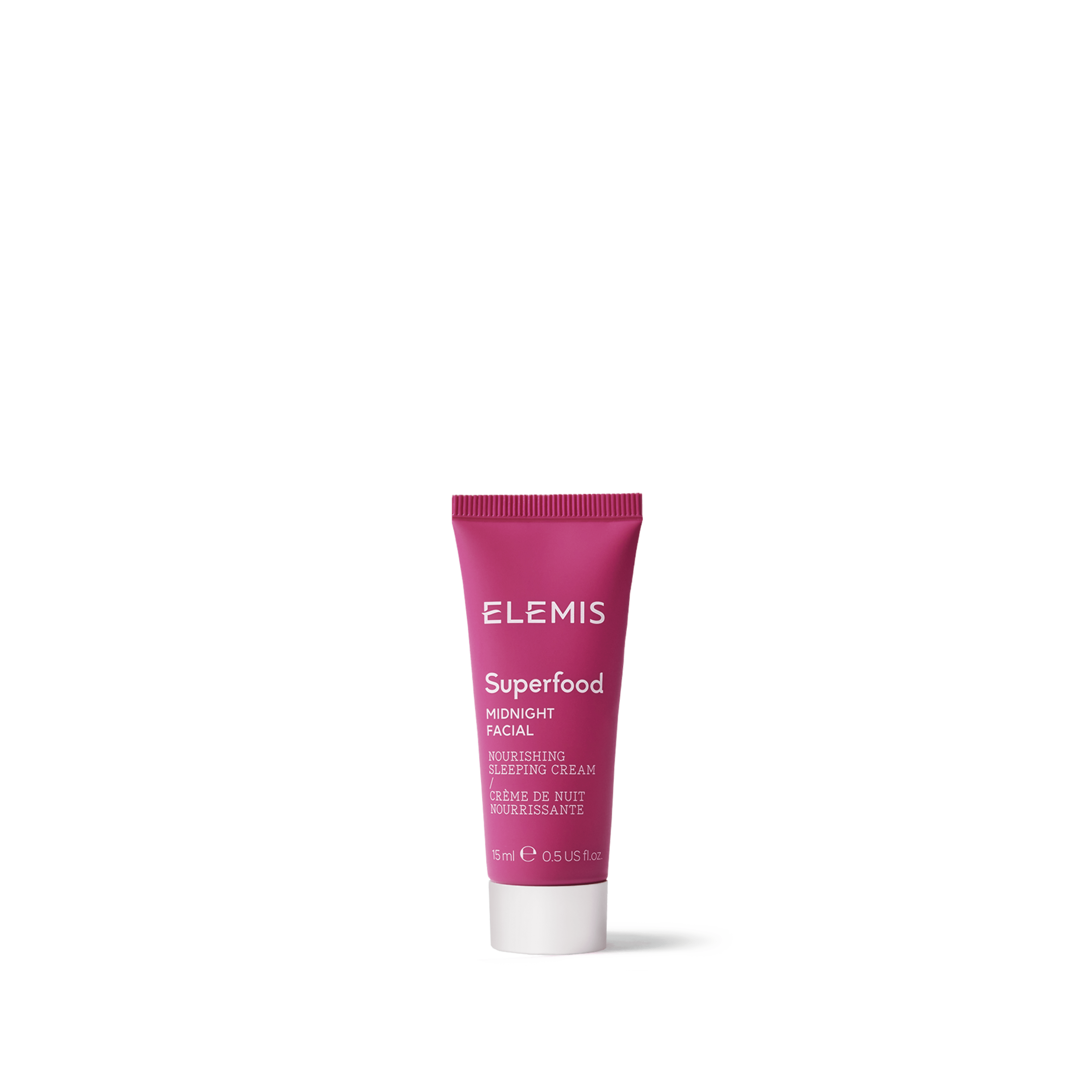 Bright pink tube of ELEMIS Superfood Midnight Facial nourishing sleeping cream, 15ml, standing upright against a white background.
