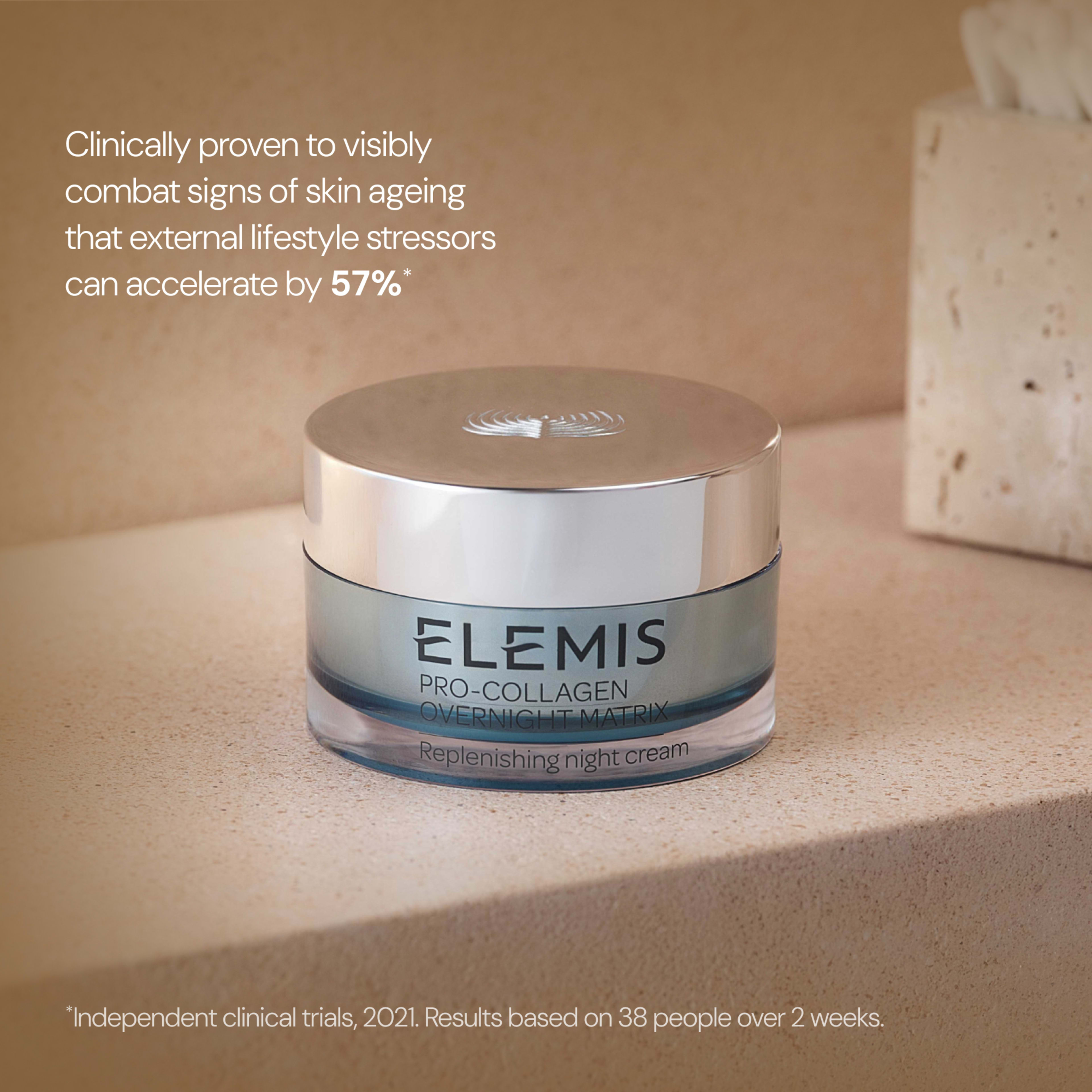 ELEMIS Pro-Collagen Overnight Matrix replenishing night cream jar on a bathroom surface with text stating it is clinically proven to visibly combat signs of skin ageing that external lifestyle stressors can accelerate by 57%, based on a 2-week trial of 38 people.