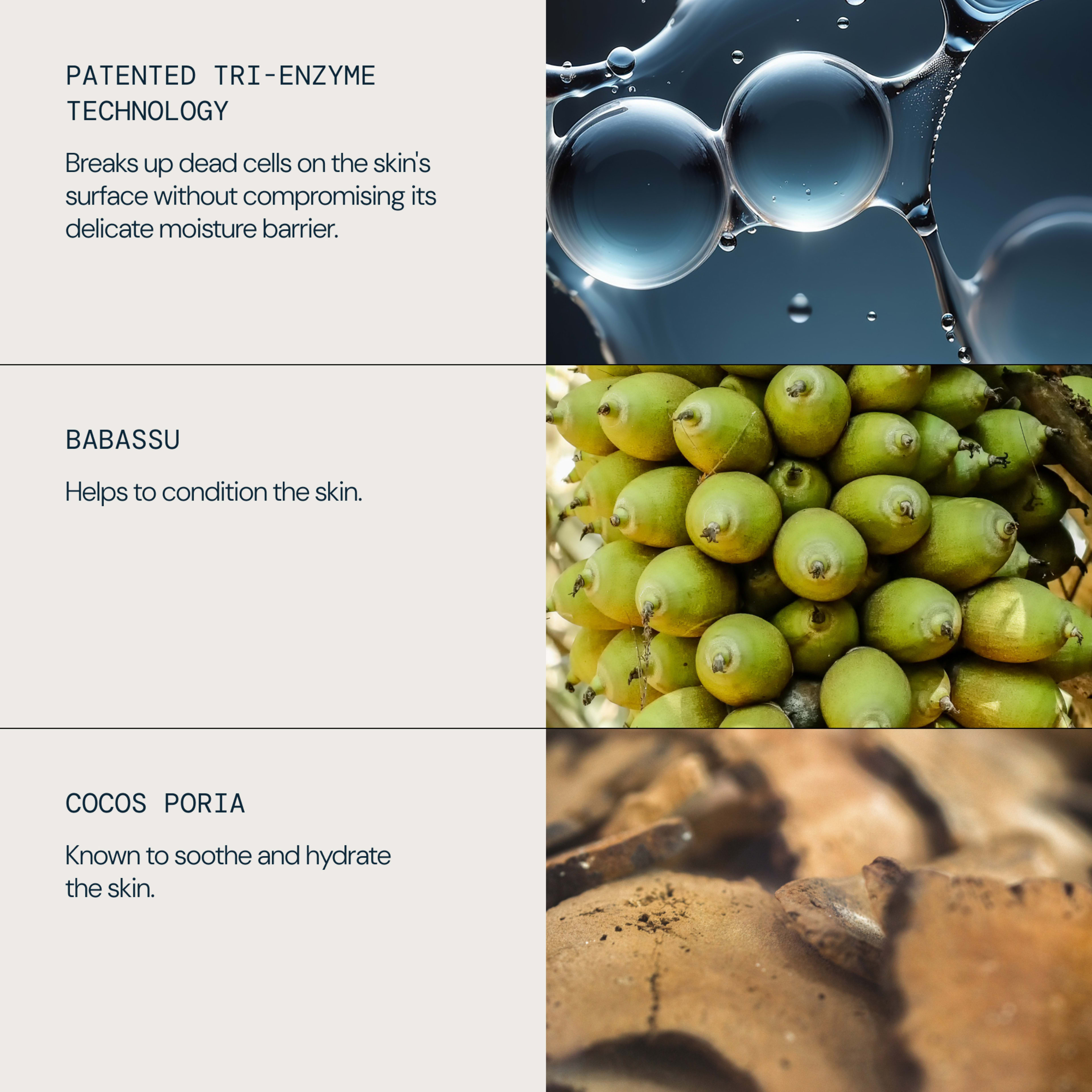 Skincare ingredient graphic highlighting patented tri-enzyme technology that breaks up dead cells on the skin’s surface without compromising its moisture barrier, babassu that helps to condition the skin, and cocos poria known to soothe and hydrate the skin.