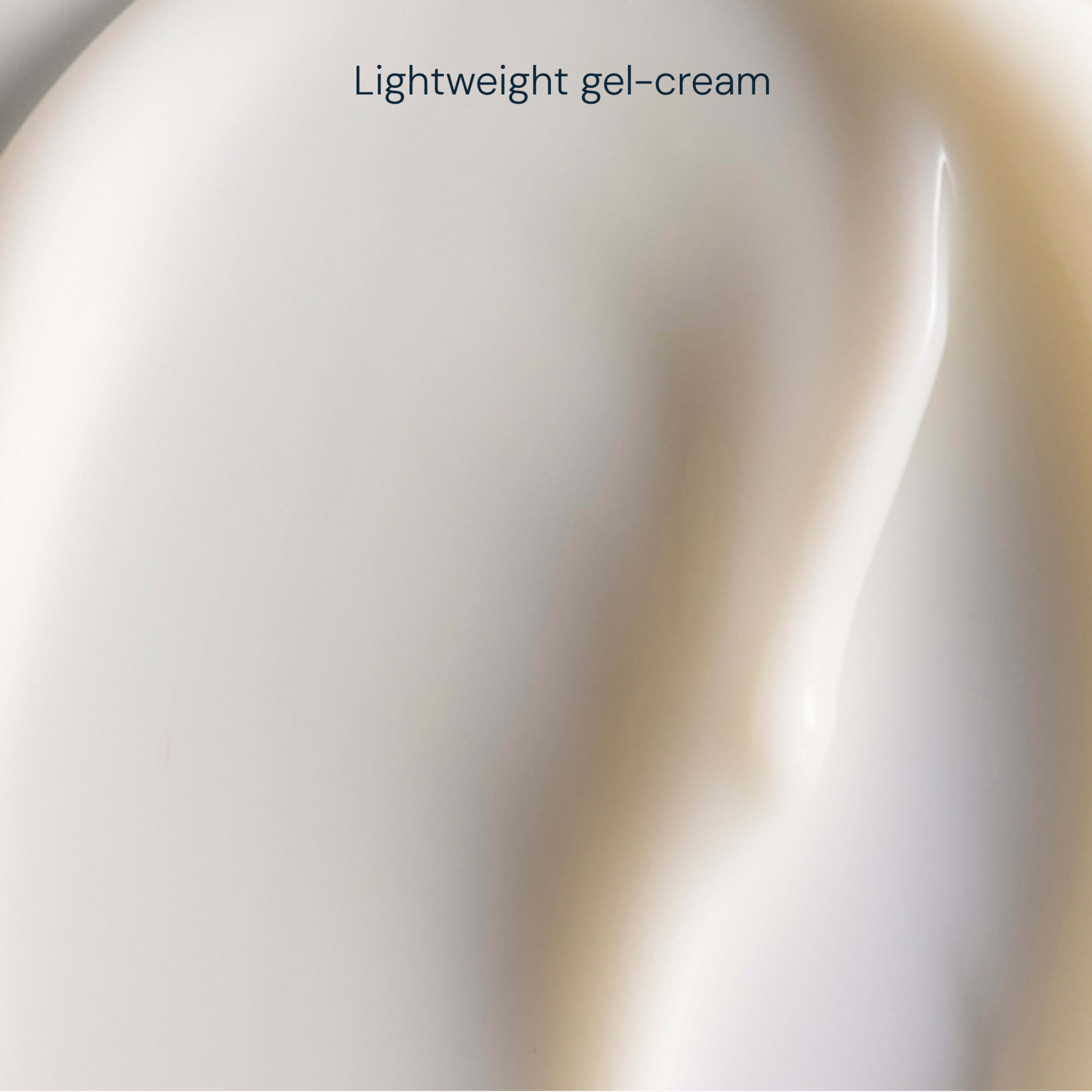Close-up swatch of a pale, silky cream texture with subtle sheen, overlaid with the words "Lightweight gel-cream".