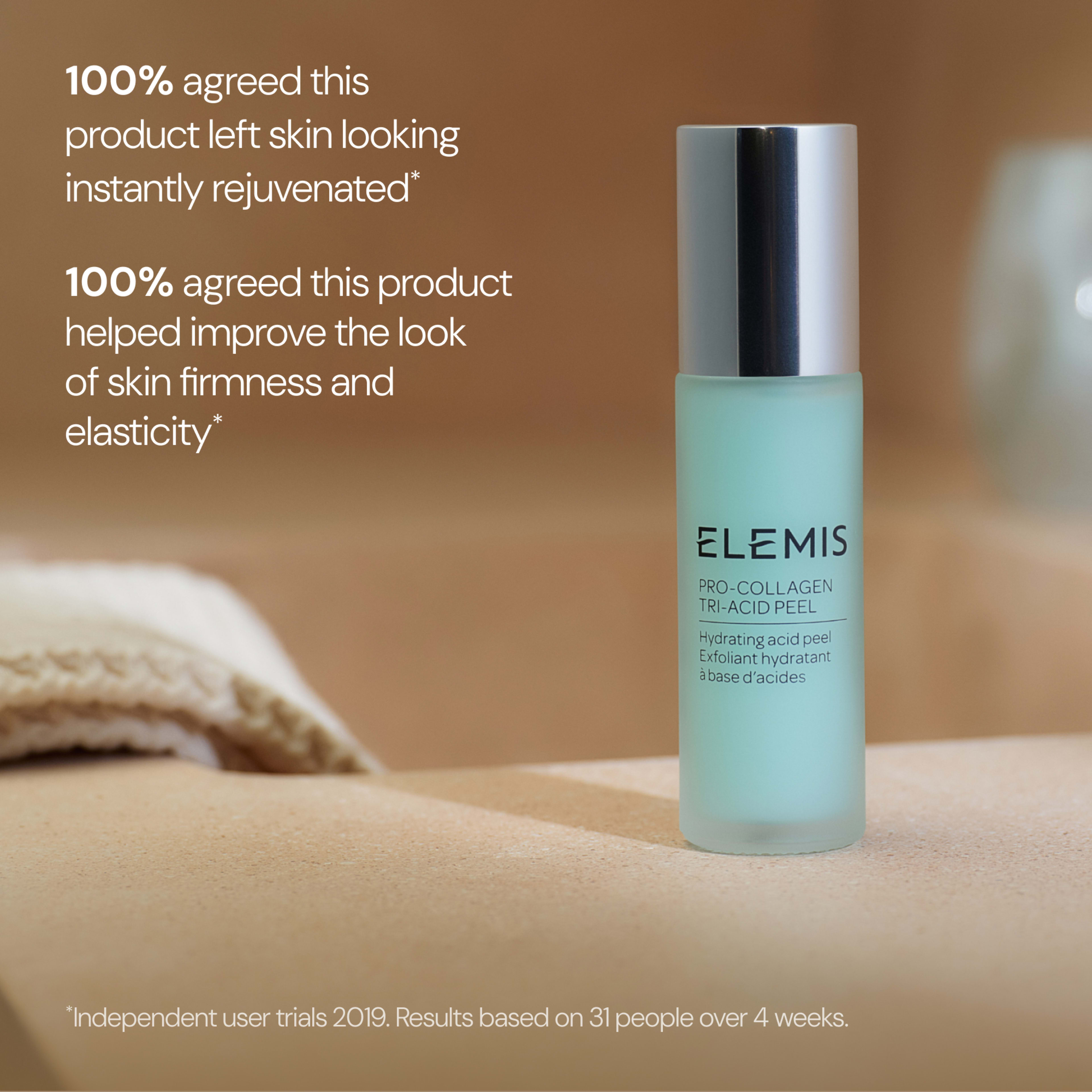 ELEMIS Pro-Collagen Tri-Acid Peel bottle standing on a spa-style surface, with soft towels in the background. On-image text highlights that 100% of users reported instantly rejuvenated skin and improved firmness and elasticity, based on a 4-week 2019 trial.