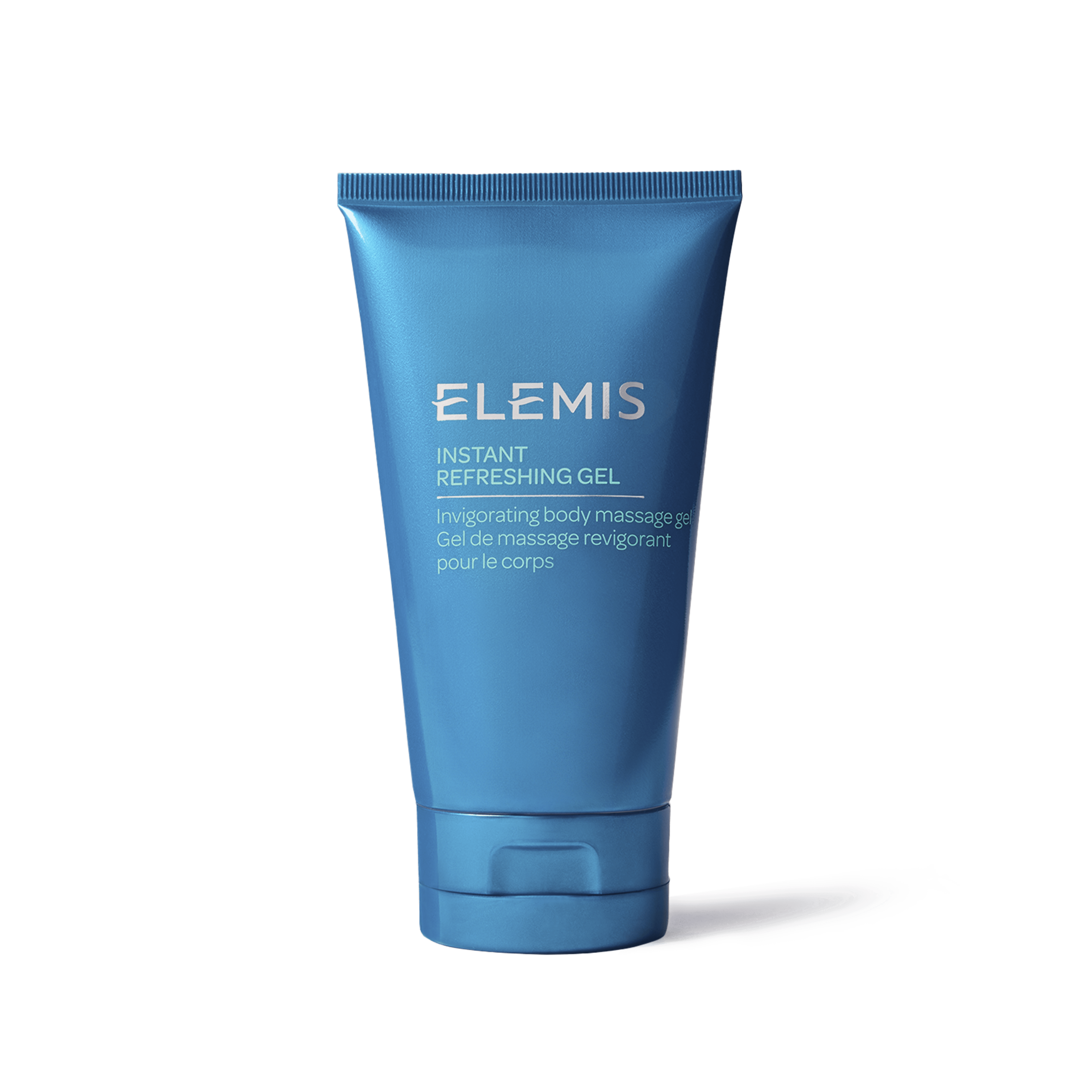 ELEMIS Instant Refreshing Gel product tube in metallic blue, shown upright against a white background, with text indicating it is an invigorating body massage gel.