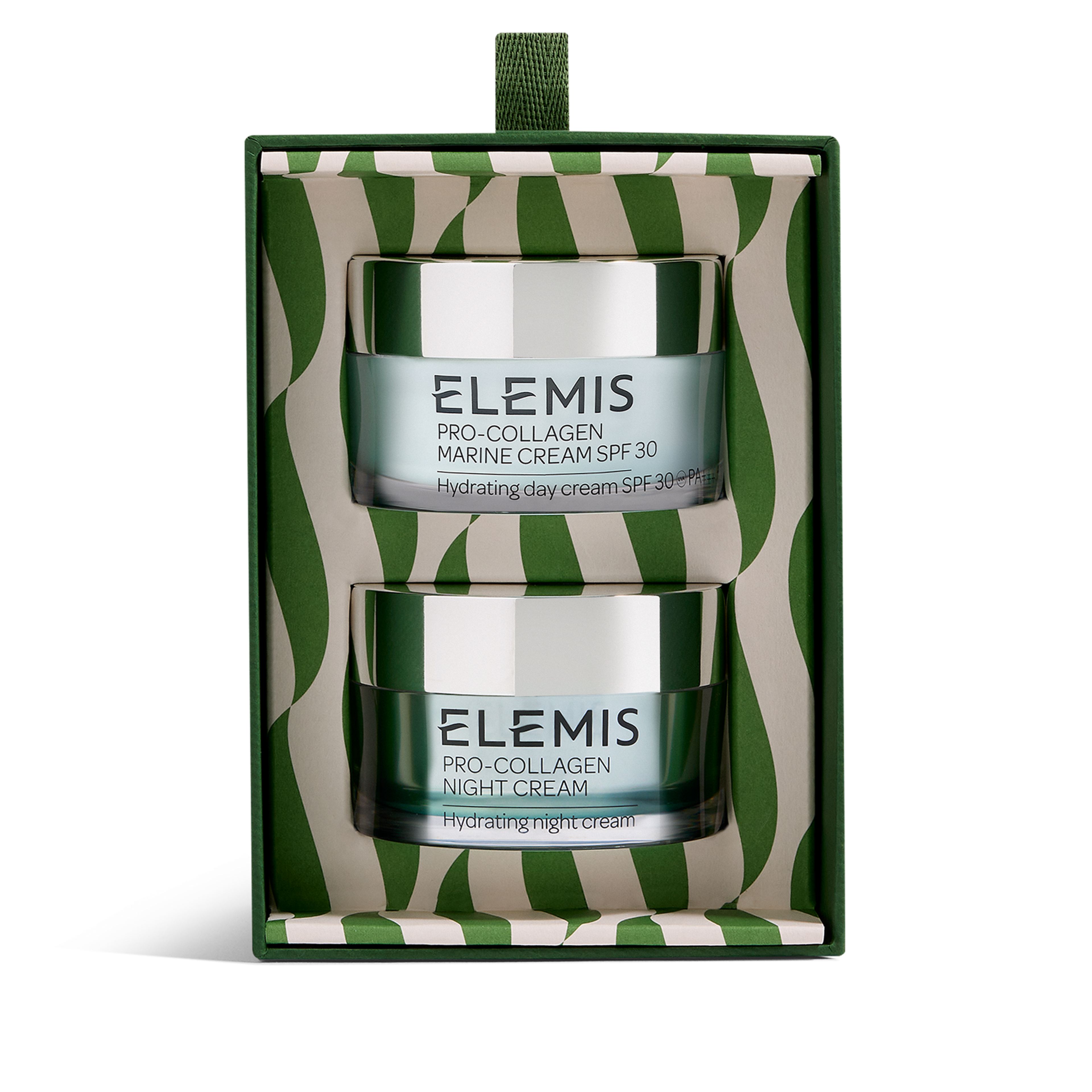 ELEMIS Pro-Collagen gift set containing two jars in a green and cream patterned box: Pro-Collagen Marine Cream SPF 30 hydrating day cream and Pro-Collagen Night Cream hydrating night cream, both in pale aqua jars with silver lids.