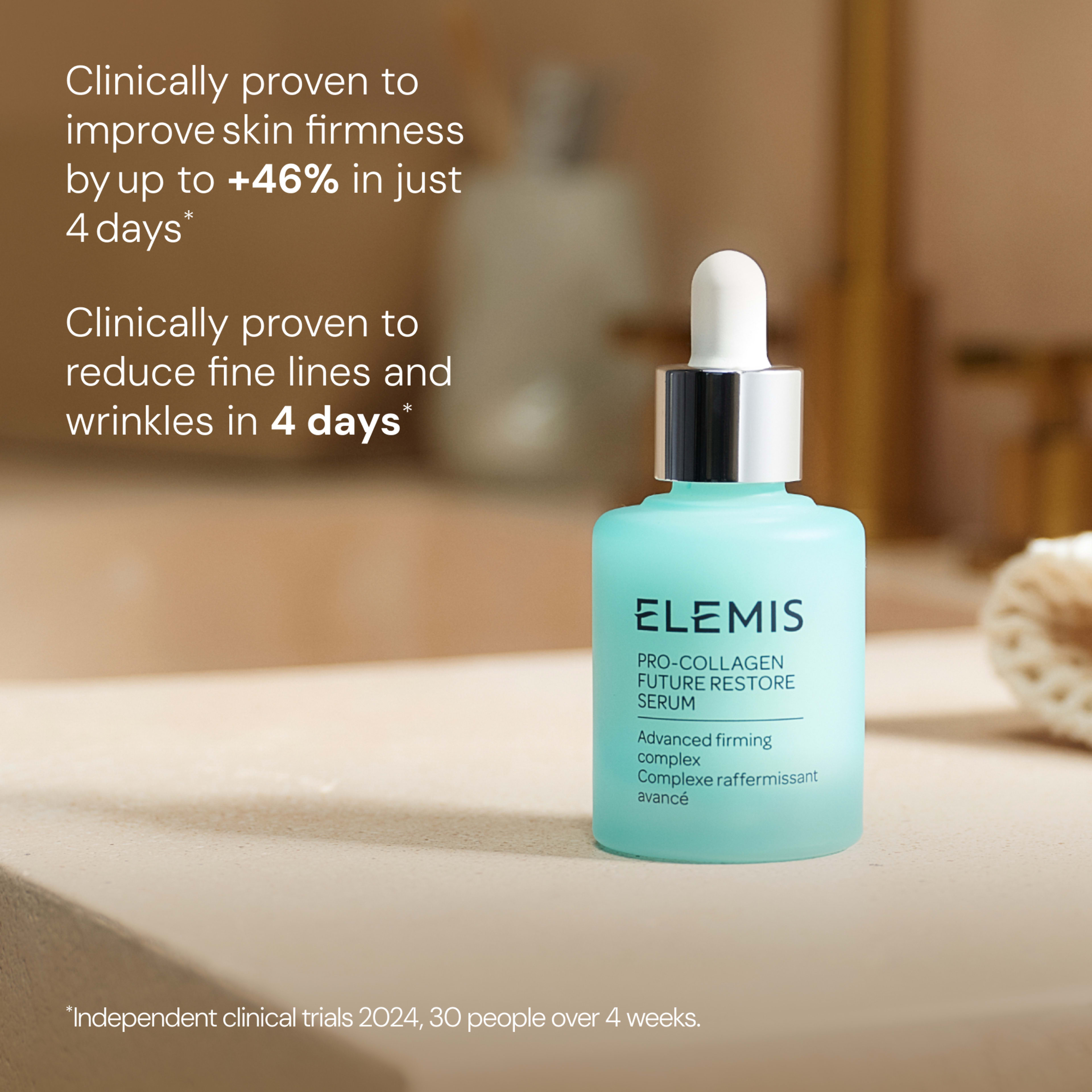 ELEMIS Pro-Collagen Future Restore Serum bottle on a bathroom counter with copy reading: “Clinically proven to improve skin firmness by up to +46% in just 4 days” and “Clinically proven to reduce fine lines and wrinkles in 4 days”. Footnote: independent clinical trials 2024.