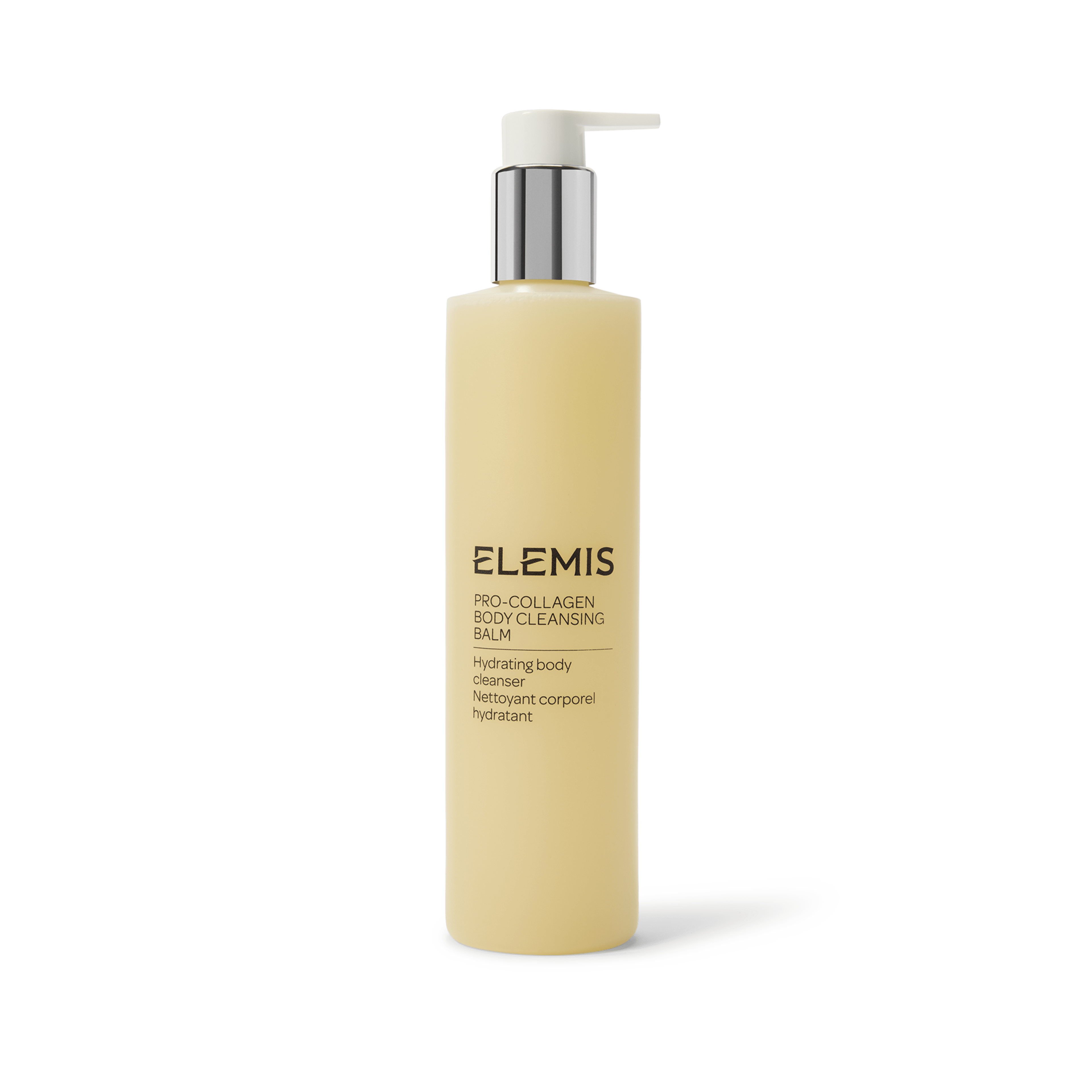 ELEMIS Pro-Collagen Body Cleansing Balm bottle with pump dispenser, described as a hydrating body cleanser, standing upright against a white background.