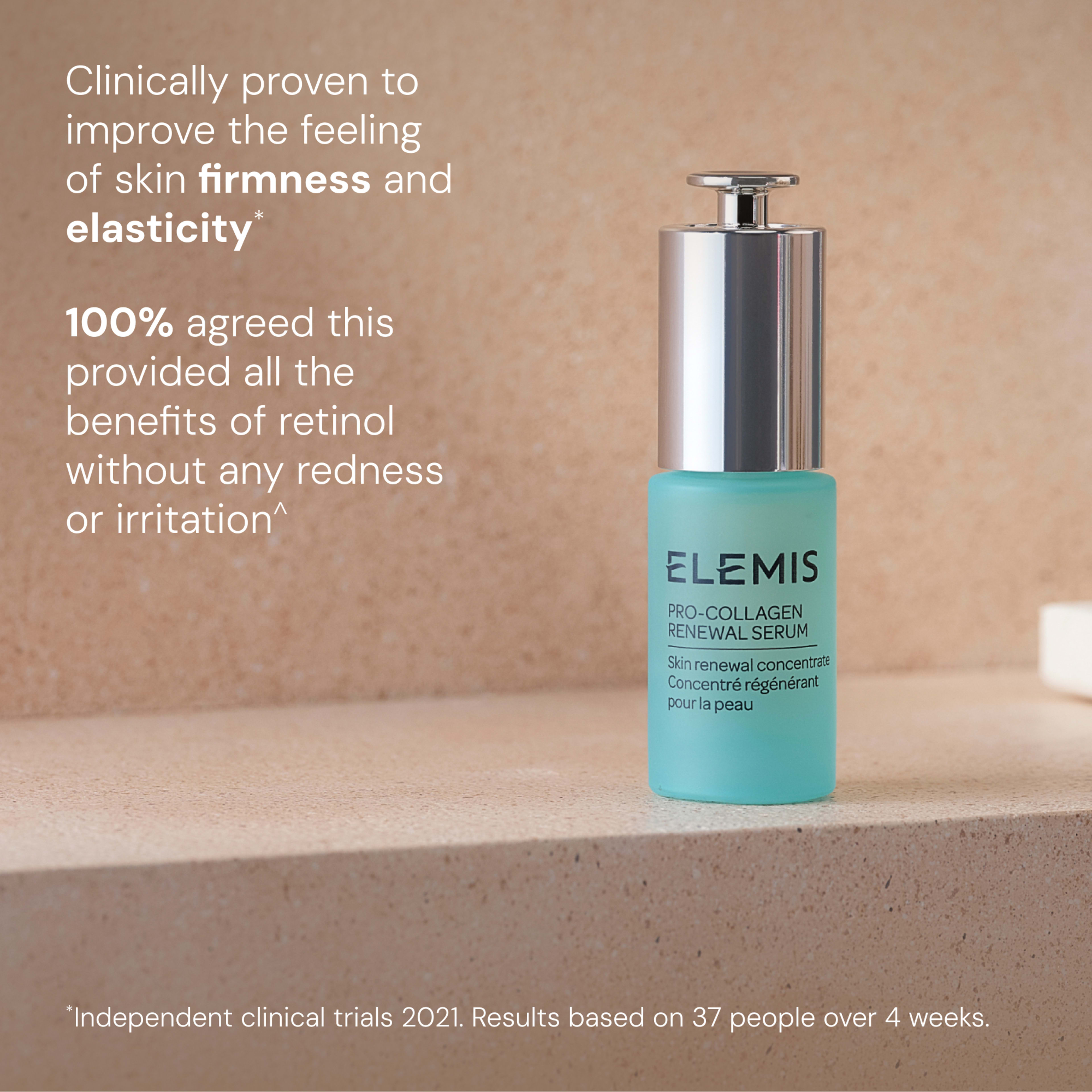ELEMIS Pro-Collagen Renewal Serum bottle on a stone surface, with text stating it is clinically proven to improve skin firmness and elasticity and that 100% agreed it provided all the benefits of retinol without redness or irritation, based on 2021 trials of 37 people over 4 weeks.
