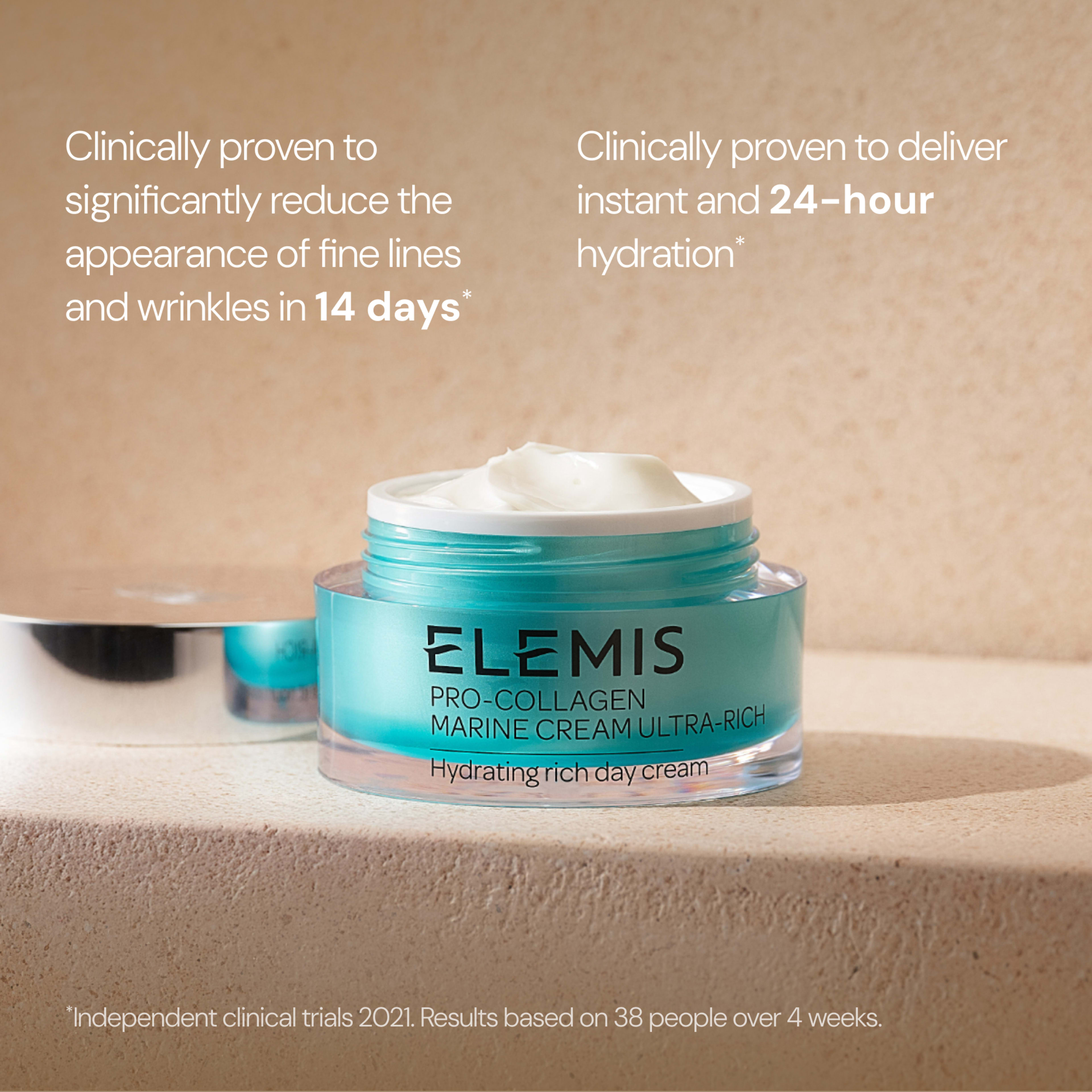 ELEMIS Pro-Collagen Marine Cream Ultra-Rich hydrating rich day cream jar on a stone surface with cream swatch visible, alongside claims: clinically proven to reduce fine lines and wrinkles in 14 days, and deliver instant, 24-hour hydration.