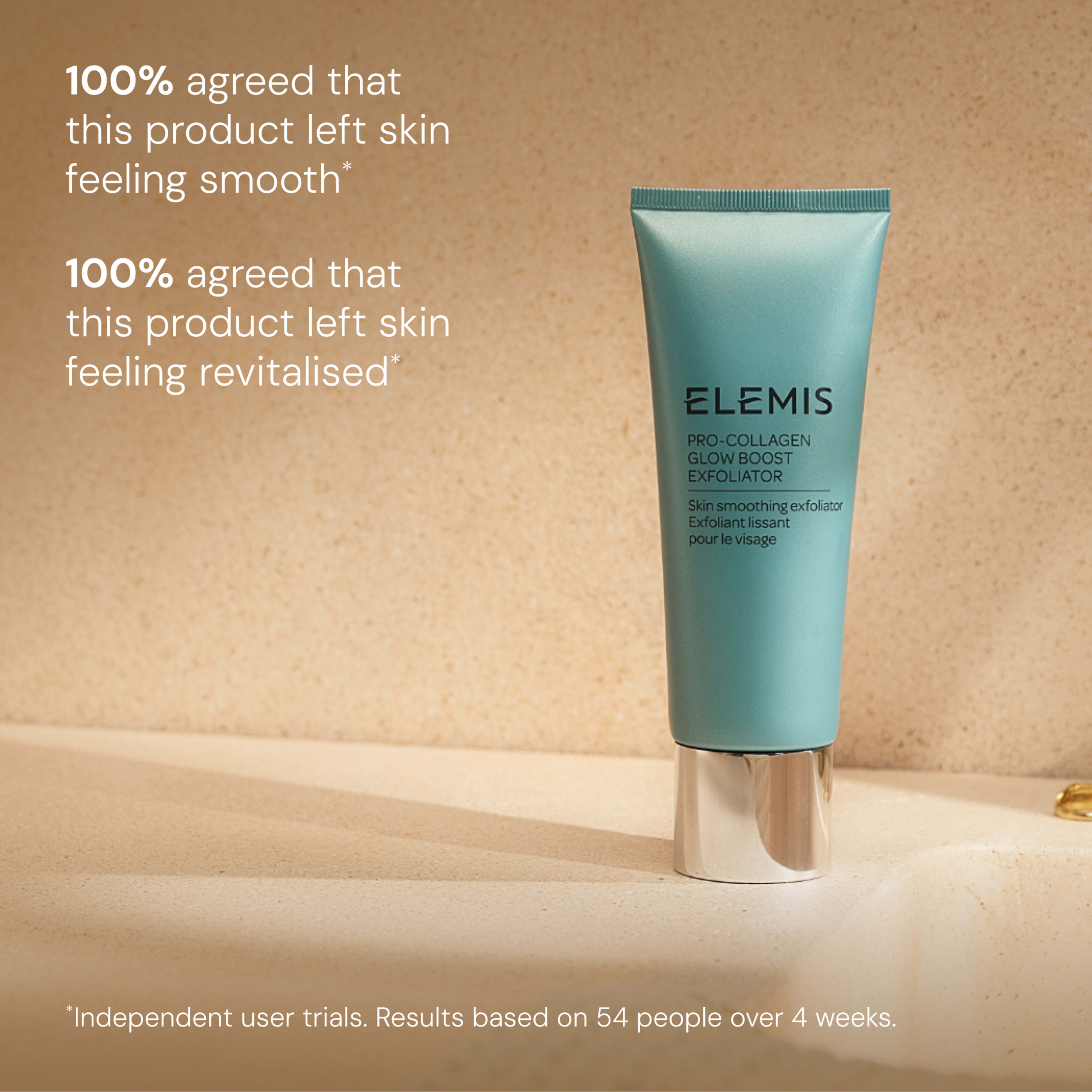 ELEMIS Pro-Collagen Glow Boost Exfoliator tube on a bathroom surface, with text stating 100% of users agreed it left skin feeling smooth and revitalised, based on independent user trials of 54 people over 4 weeks.