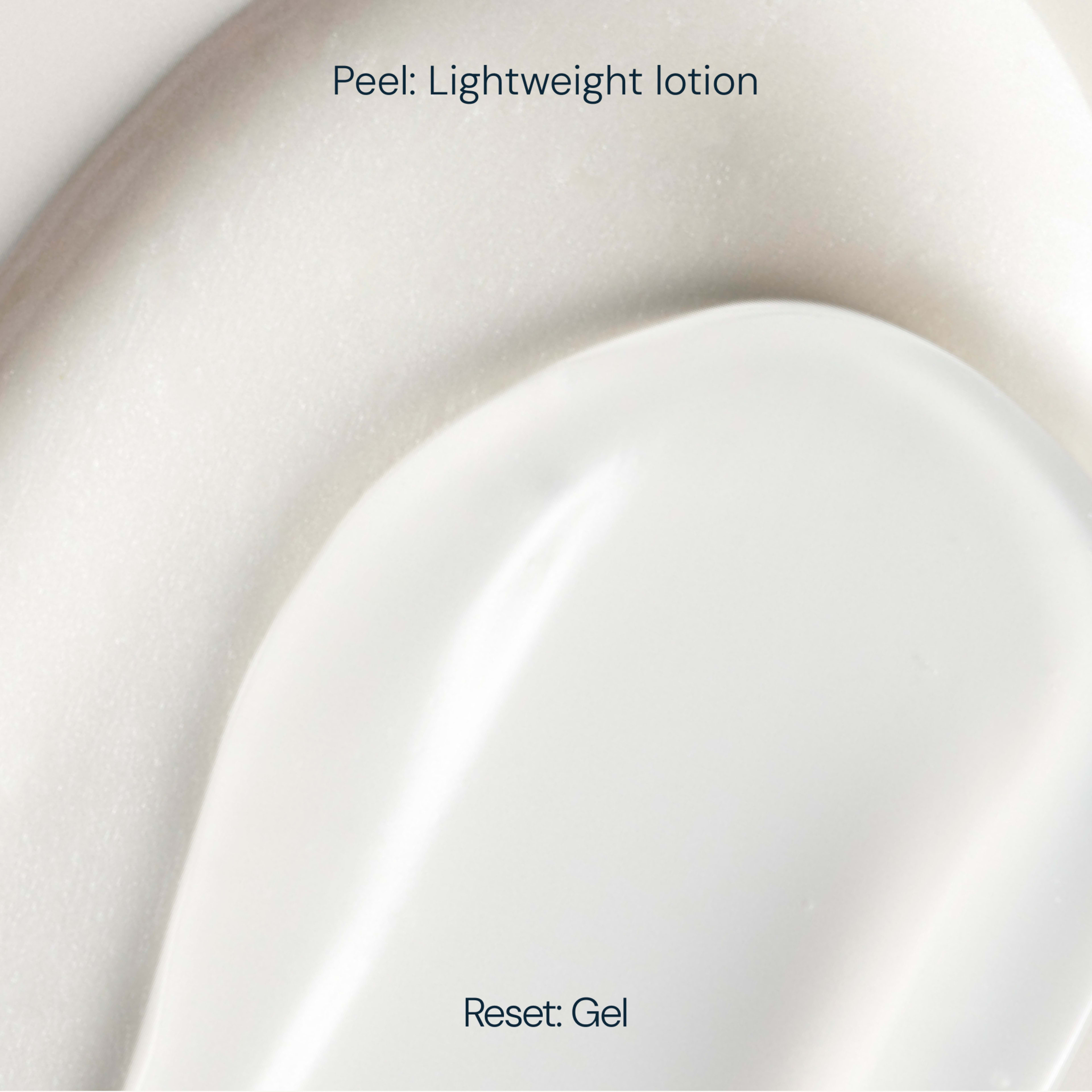 Close-up of creamy white skincare textures with text reading "Peel: Lightweight lotion" at the top and "Reset: Gel" at the bottom.