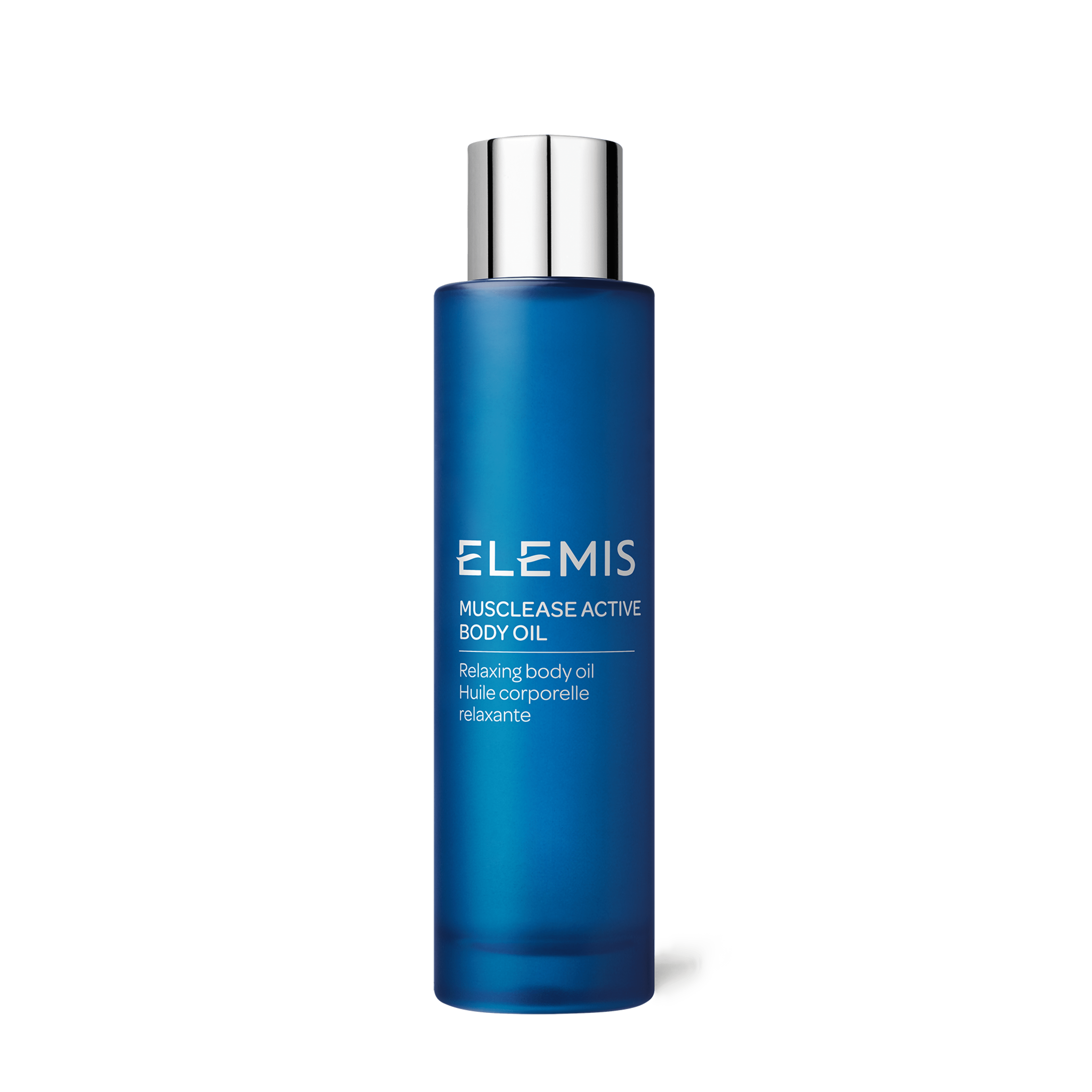 ELEMIS Musclease Active Body Oil in a tall blue bottle with silver cap, labelled as a relaxing body oil with bilingual English and French text.