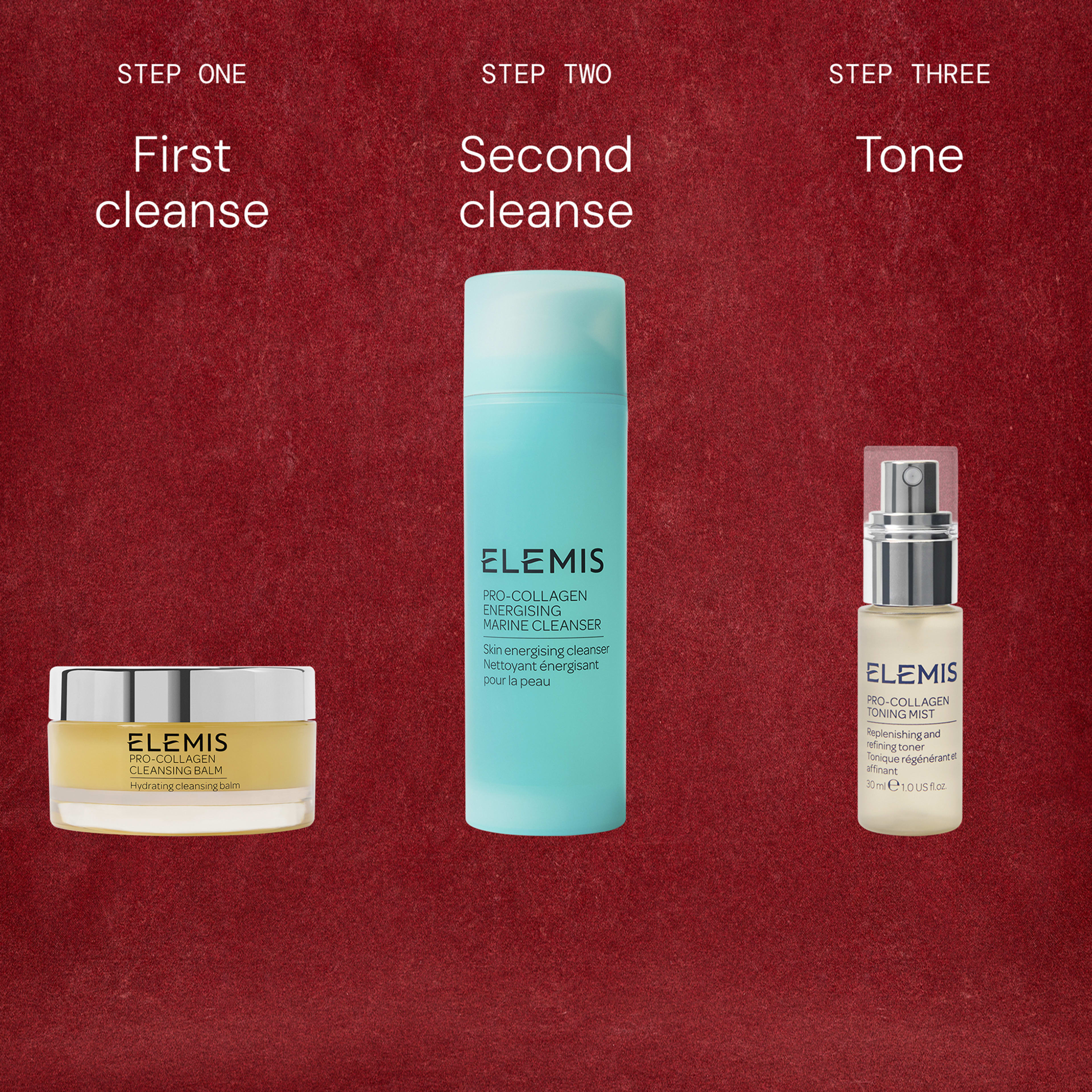 Skincare routine graphic on a red background showing three ELEMIS products: step one first cleanse balm, step two second cleanse energising marine cleanser, and step three toning mist.