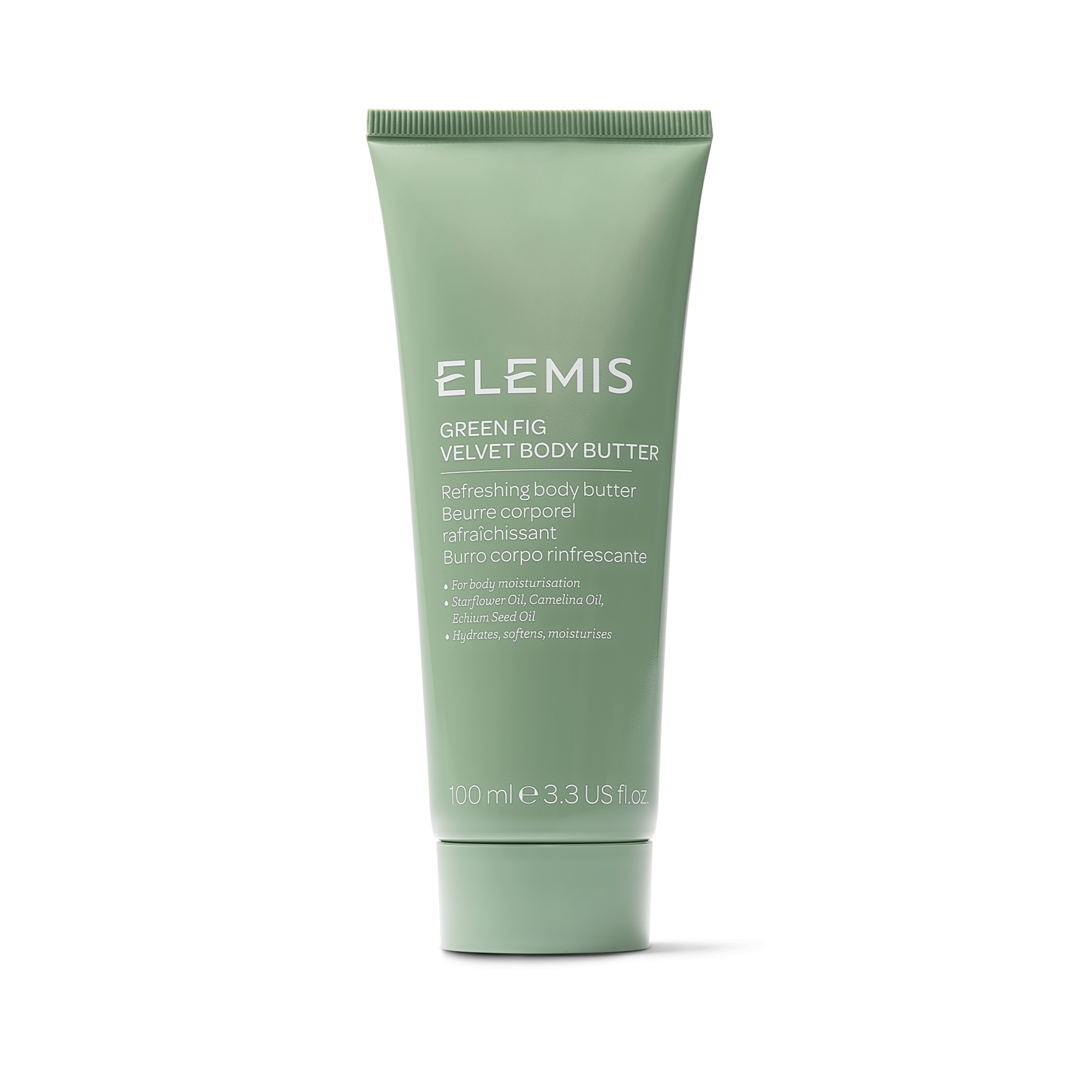 ELEMIS Green Fig Velvet Body Butter in a pale green 100ml tube, described as a refreshing body butter for body moisturisation with starflower oil, camellia oil and macadamia oil that hydrates, softens and moisturises.