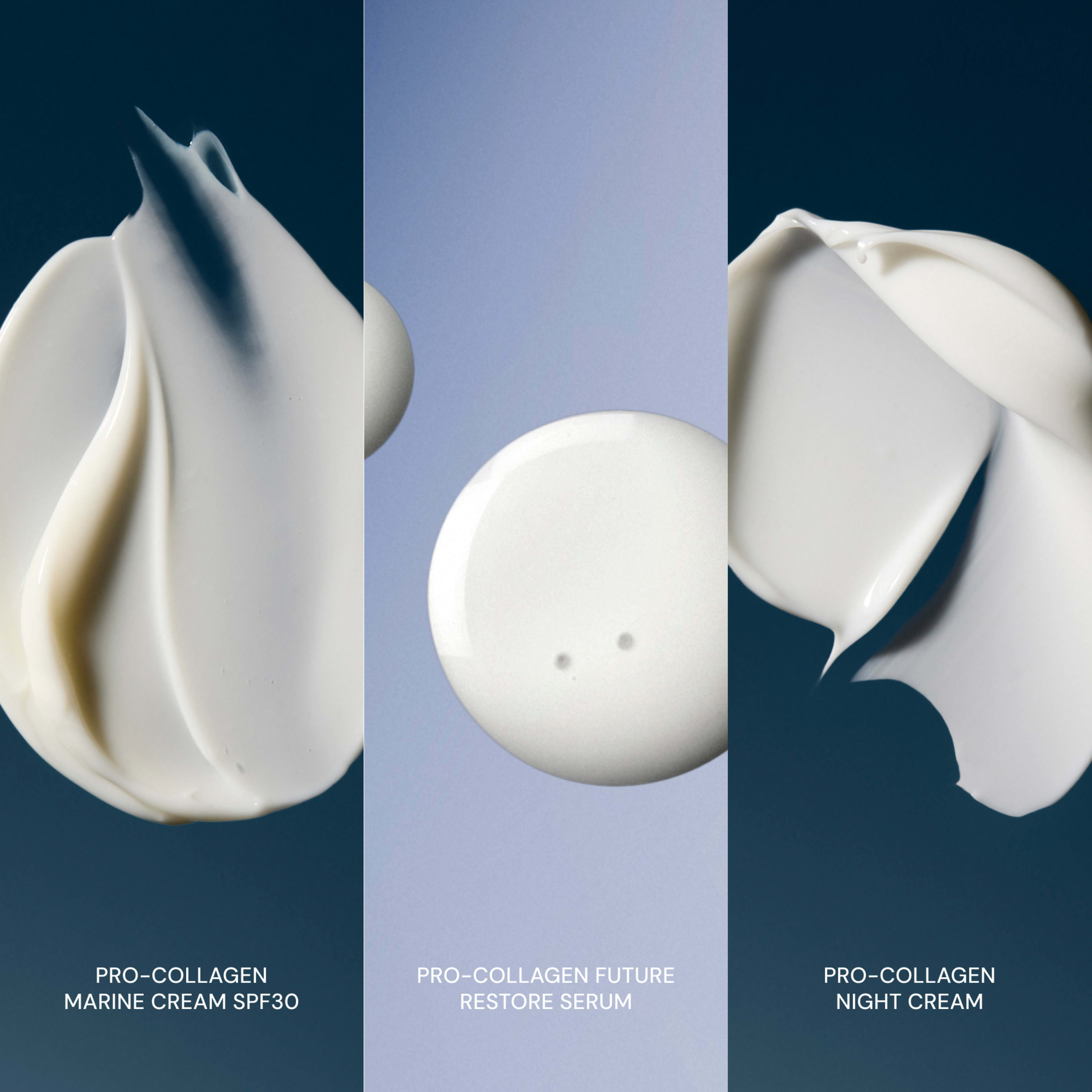 ELEMIS Pro-Collagen textures shown side by side: a creamy swatch for "Pro-Collagen Marine Cream SPF30", a smooth droplet for "Pro-Collagen Future Restore Serum", and a thicker cream swatch for "Pro-Collagen Night Cream" against blue backgrounds.