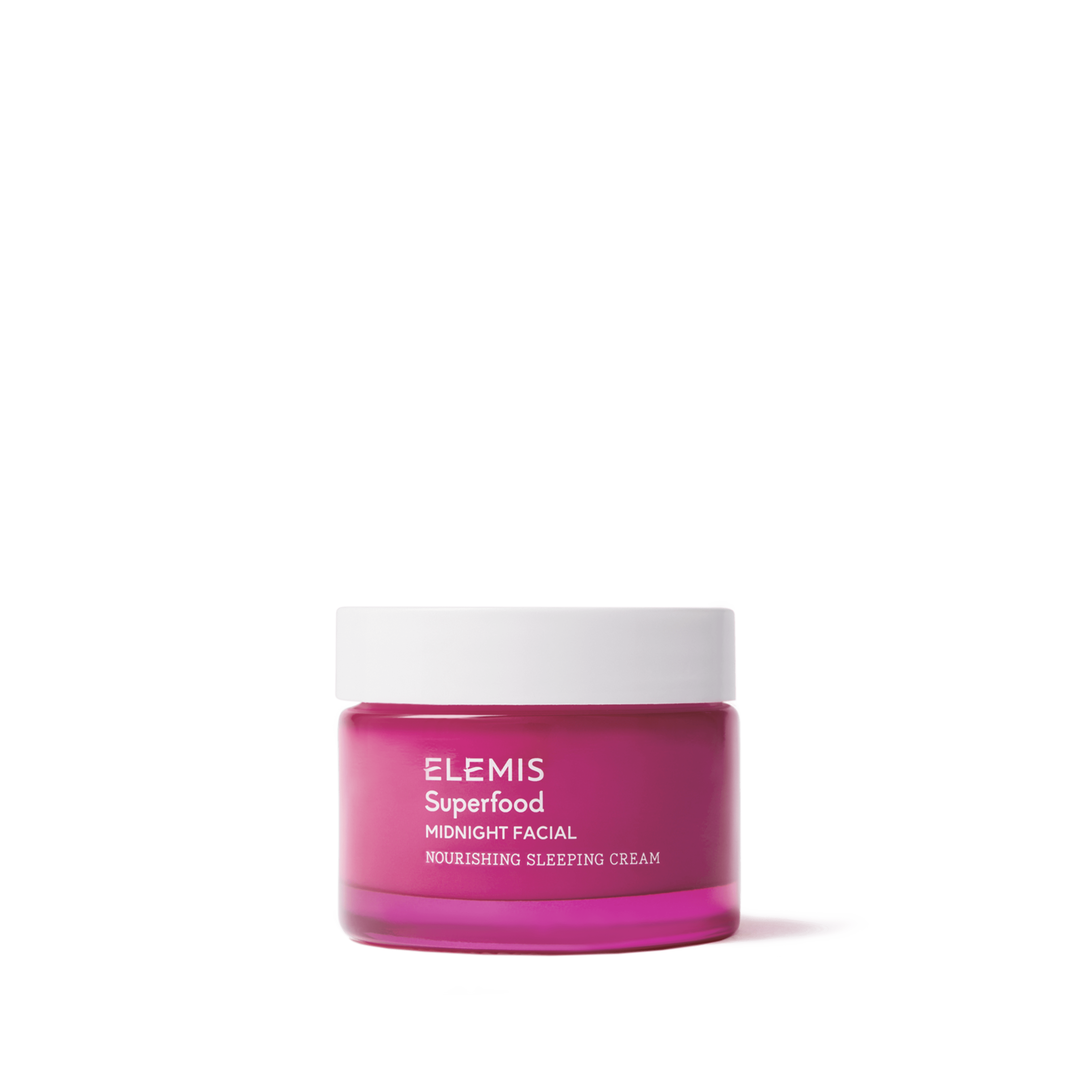 Bright pink jar of ELEMIS Superfood Midnight Facial nourishing sleeping cream with a white lid, shown against a plain white background.