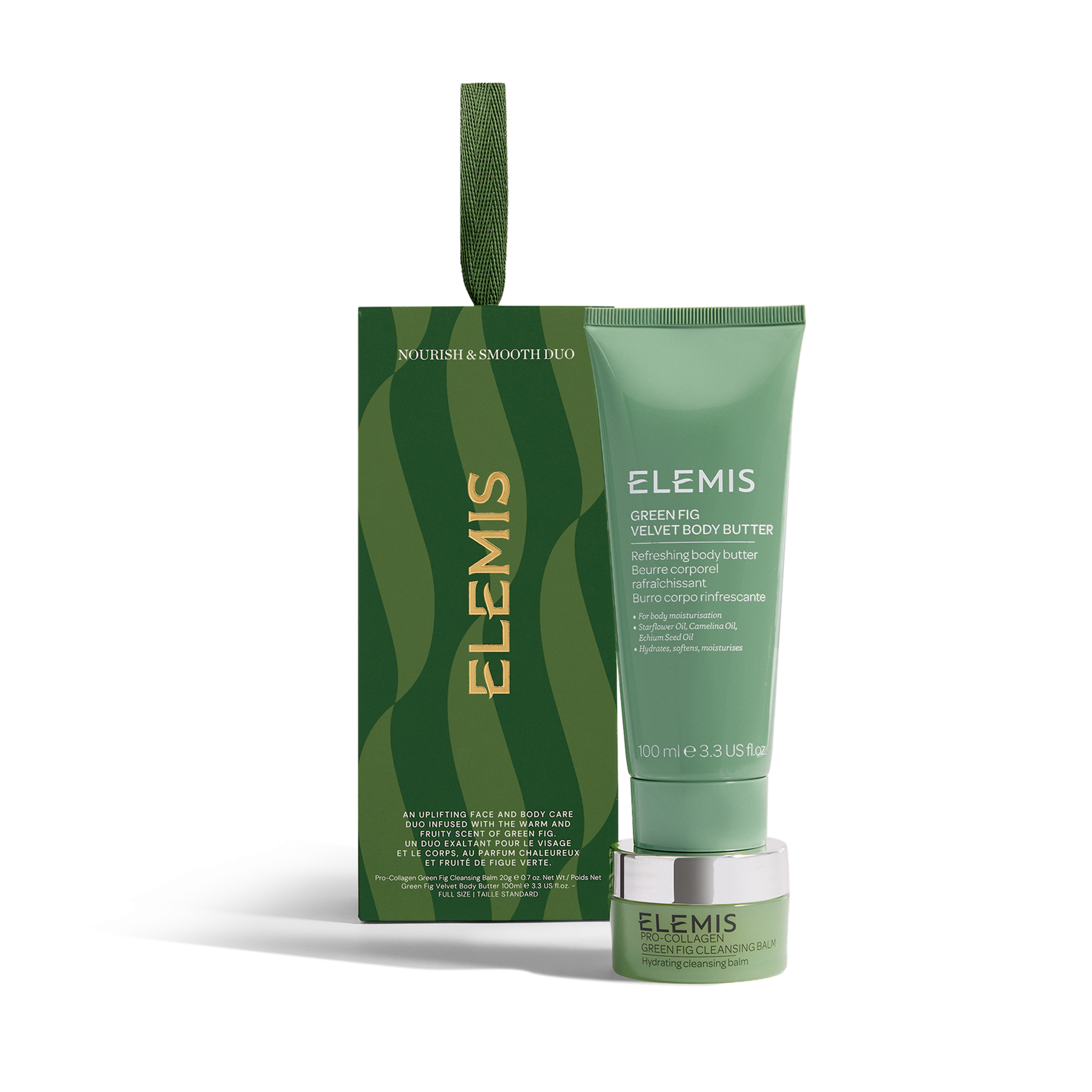 ELEMIS Nourish & Smooth Duo gift set with green fig Velvet Body Butter tube 100ml and small jar of Pro-Collagen Cleansing Balm in front of a green patterned box with hanging ribbon.
