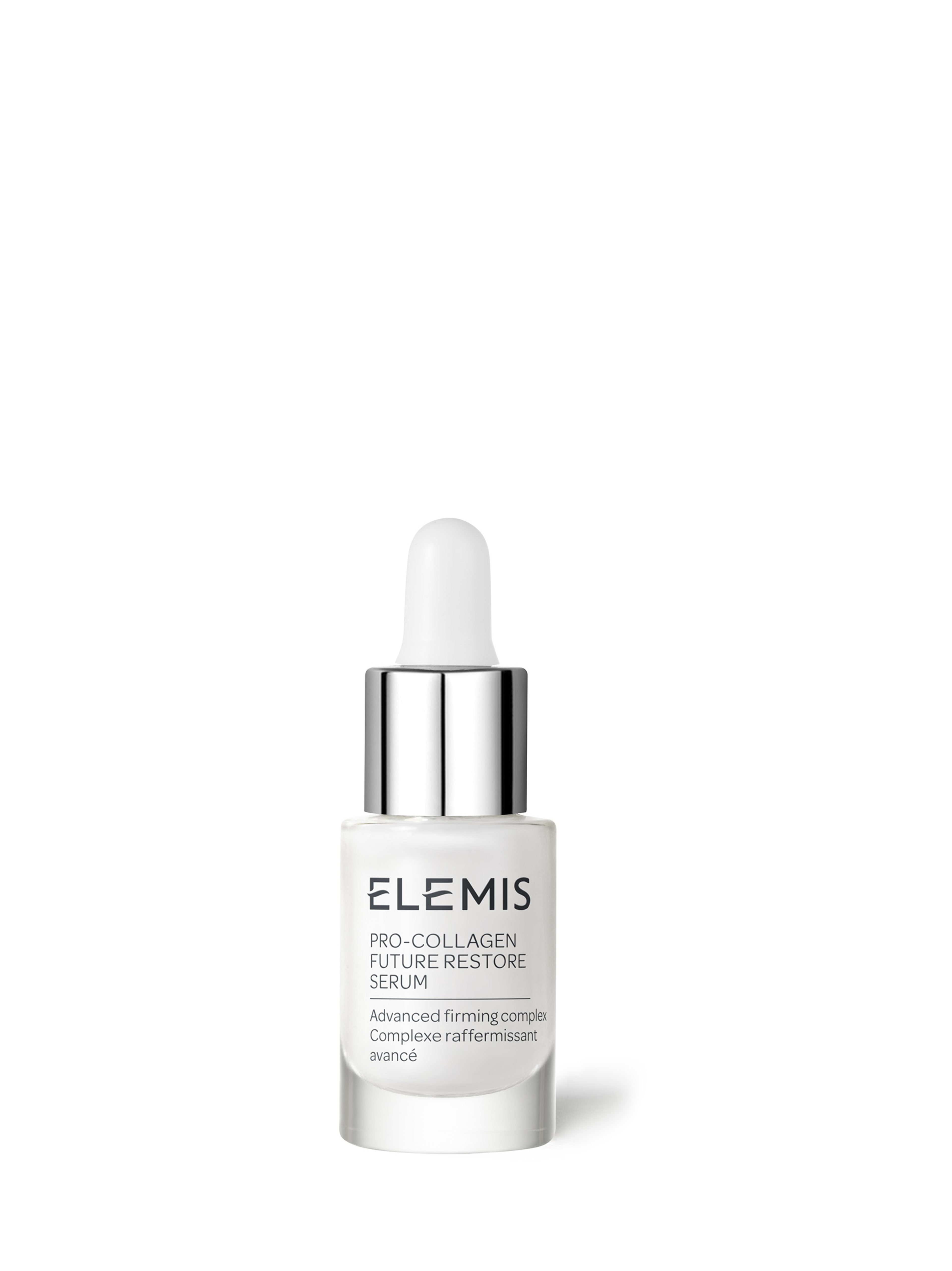 ELEMIS Pro-Collagen Future Restore Serum bottle with silver dropper cap, labelled as an advanced firming complex anti-ageing skincare serum.