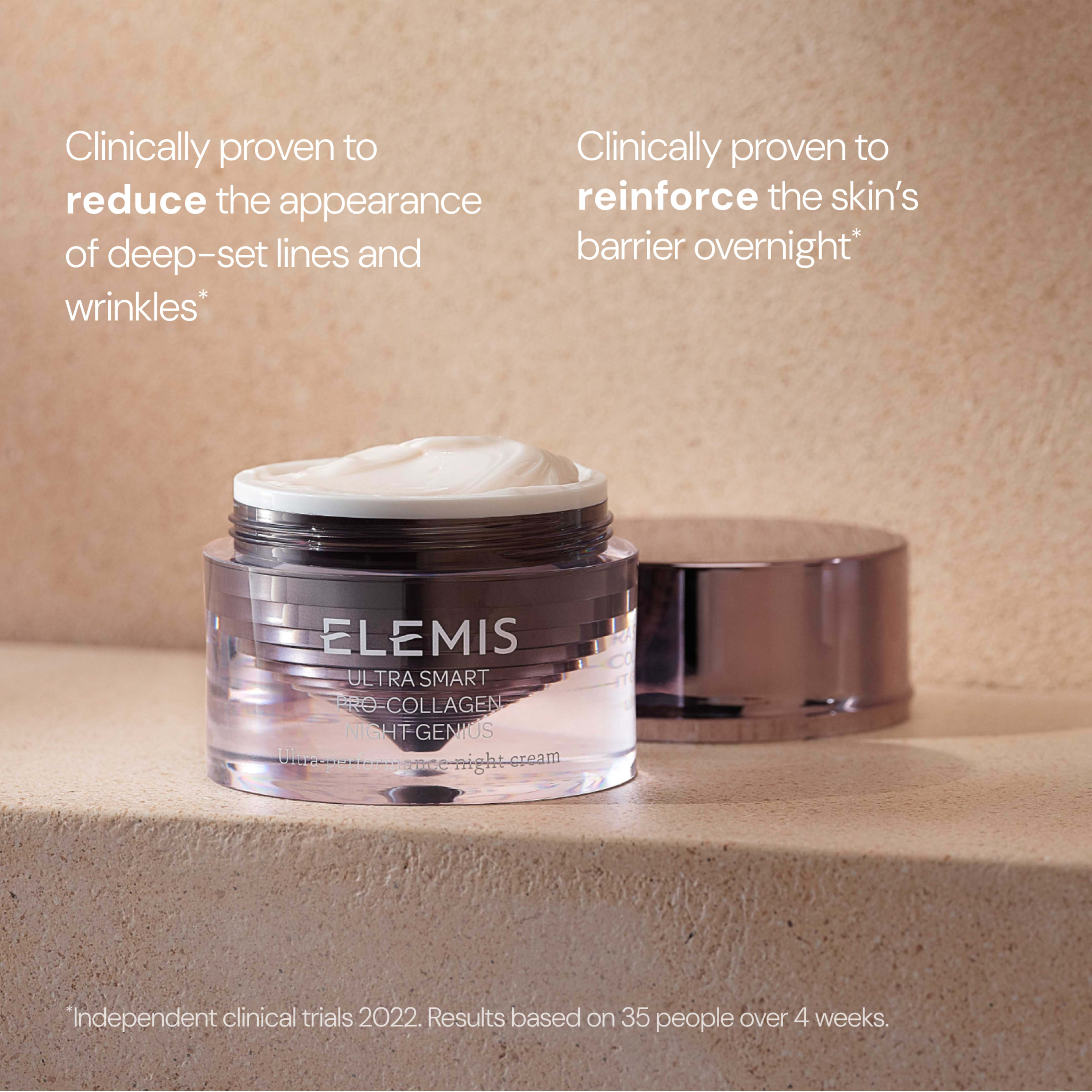 ELEMIS Ultra Smart Pro-Collagen Night Gems jar on a beige surface, open to show white cream, with soft lighting. On-image text highlights clinical claims to reduce deep-set lines and wrinkles and reinforce the skin’s barrier overnight, plus small trial disclaimer.