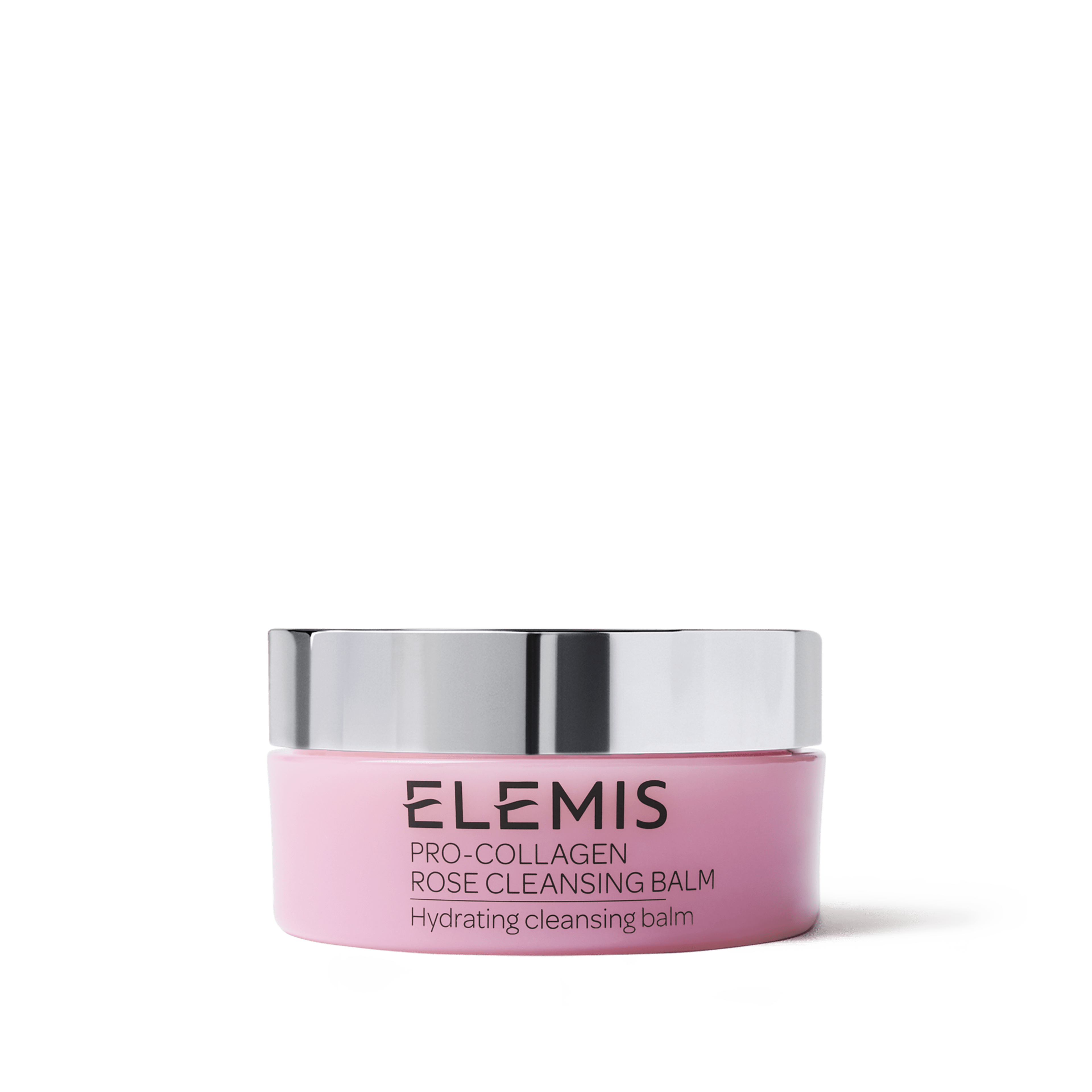 ELEMIS Pro-Collagen Rose Cleansing Balm pink jar with silver lid on a white background, labelled “Hydrating cleansing balm”.