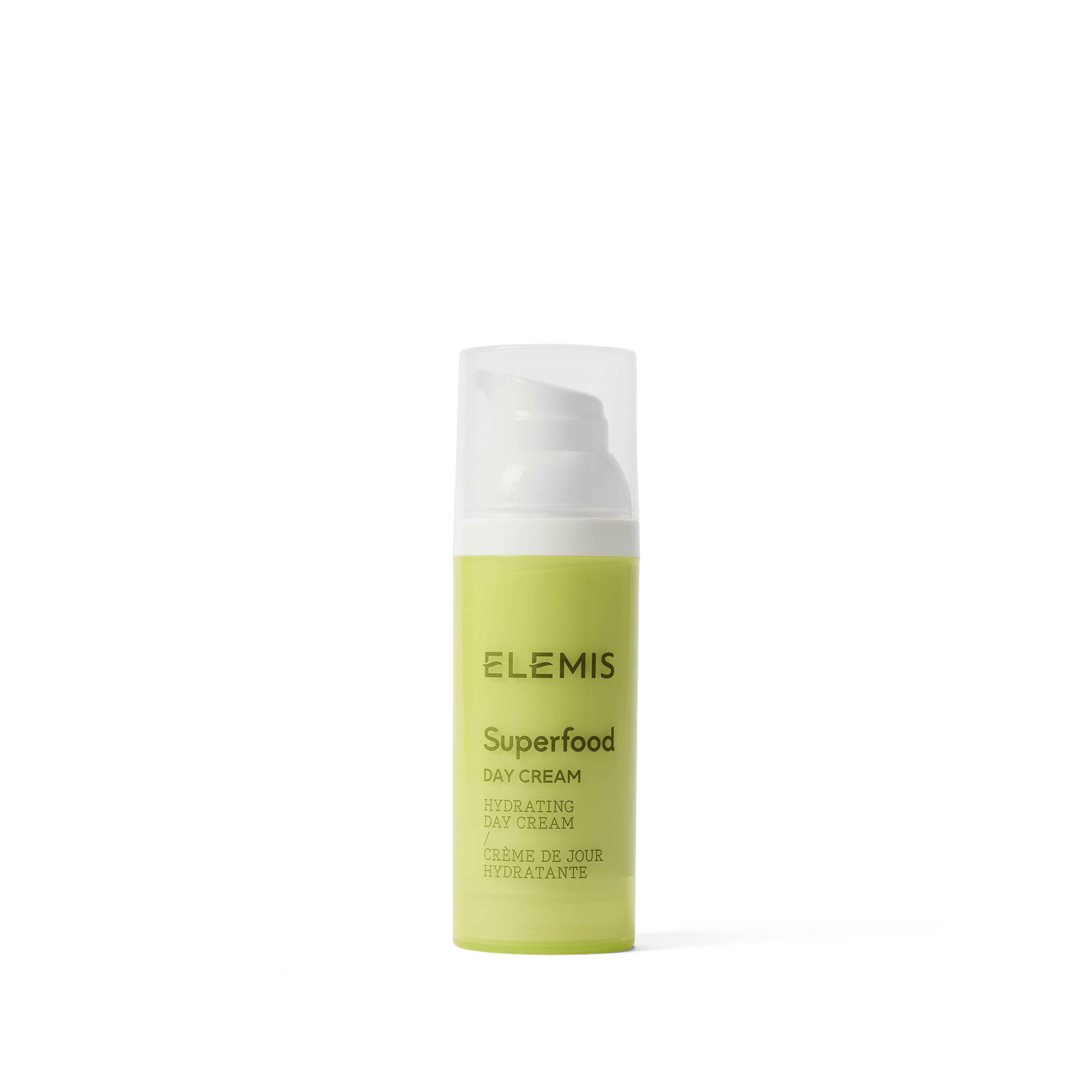 ELEMIS Superfood Day Cream bottle standing upright on a plain light background, showing the product’s lime green packaging and white pump lid.