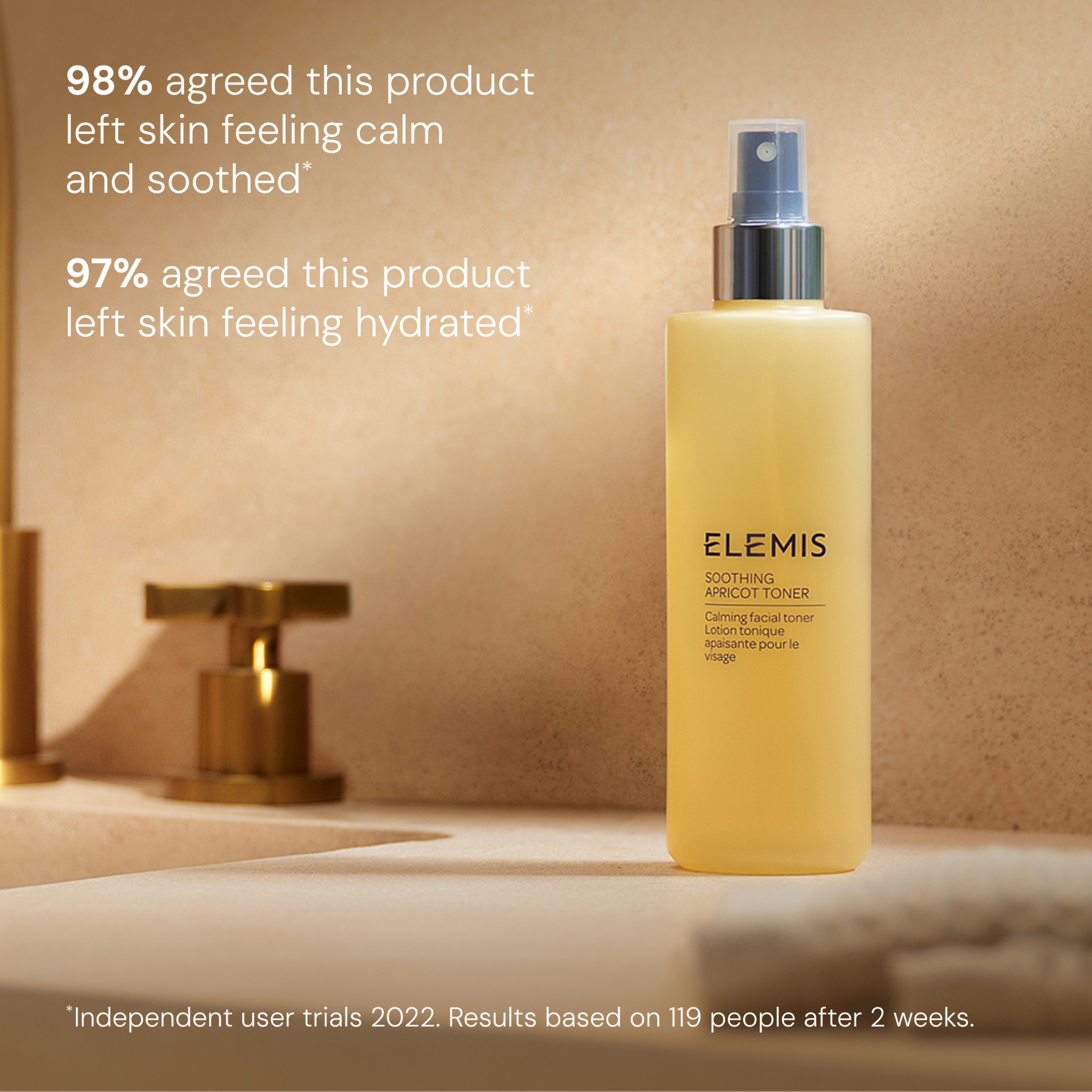 ELEMIS Soothing Apricot Toner bottle on a bathroom counter with gold tap, in warm lighting. Text reads: “98% agreed this product left skin feeling calm and soothed. 97% agreed this product left skin feeling hydrated.” Independent user trials 2022, 119 people, 2 weeks.