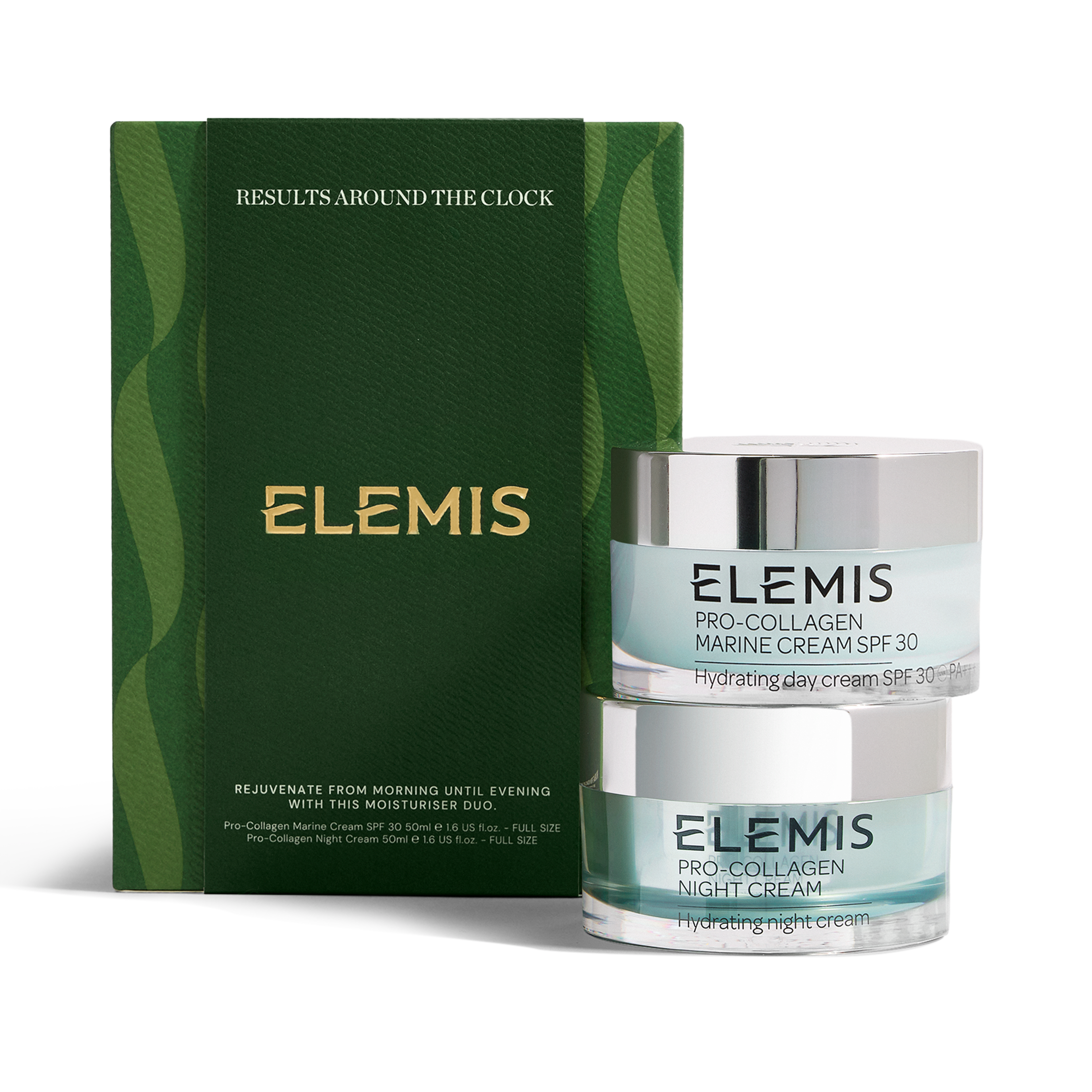 ELEMIS Pro-Collagen skincare gift set with green box reading “results around the clock”, containing full-size Pro-Collagen Night Cream and Pro-Collagen Marine Cream SPF30 in silver-lidded jars for hydrating day and night moisturising.