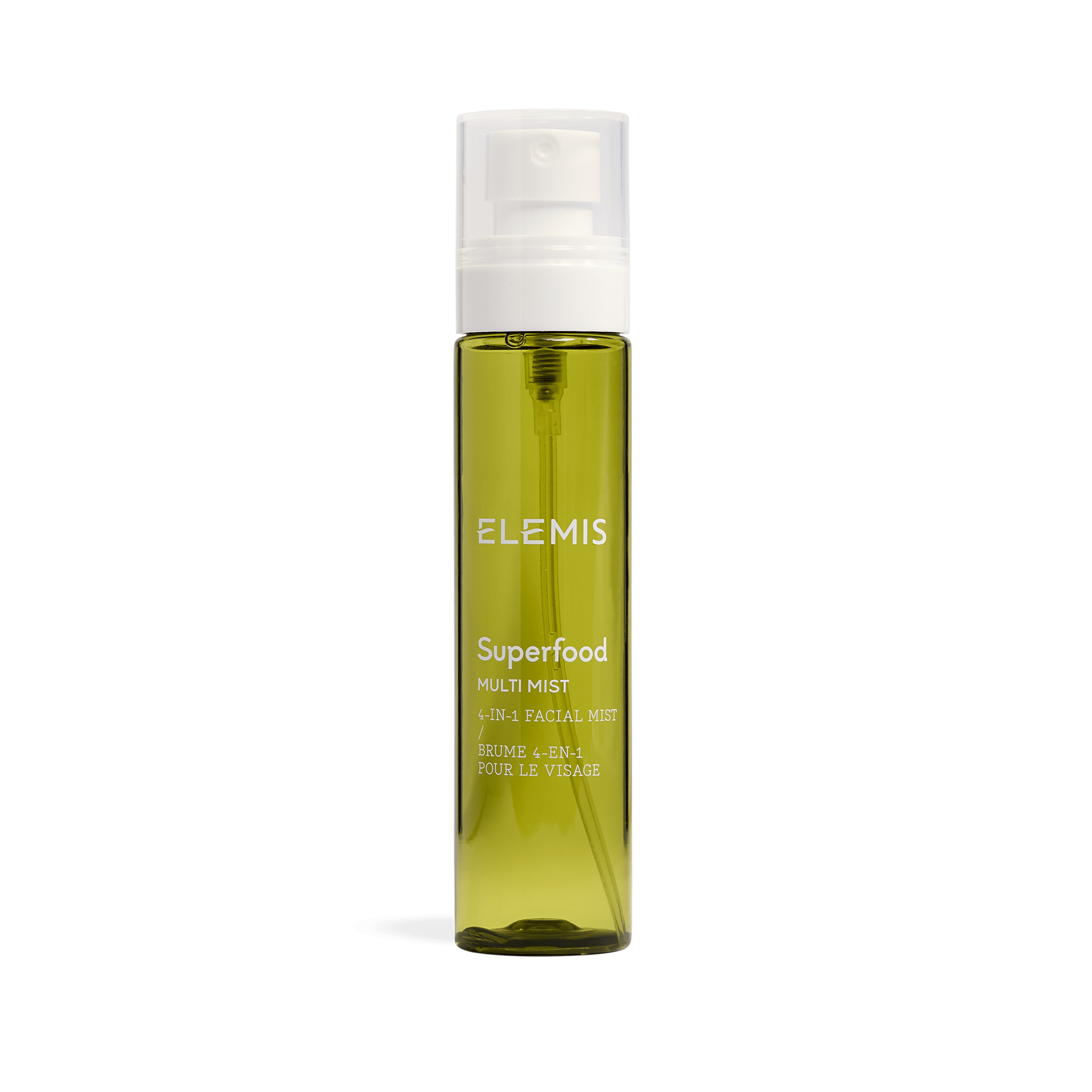 ELEMIS Superfood Multi Mist bottle, a tall translucent green 4-in-1 facial mist with white spray cap, shown on a plain background.
