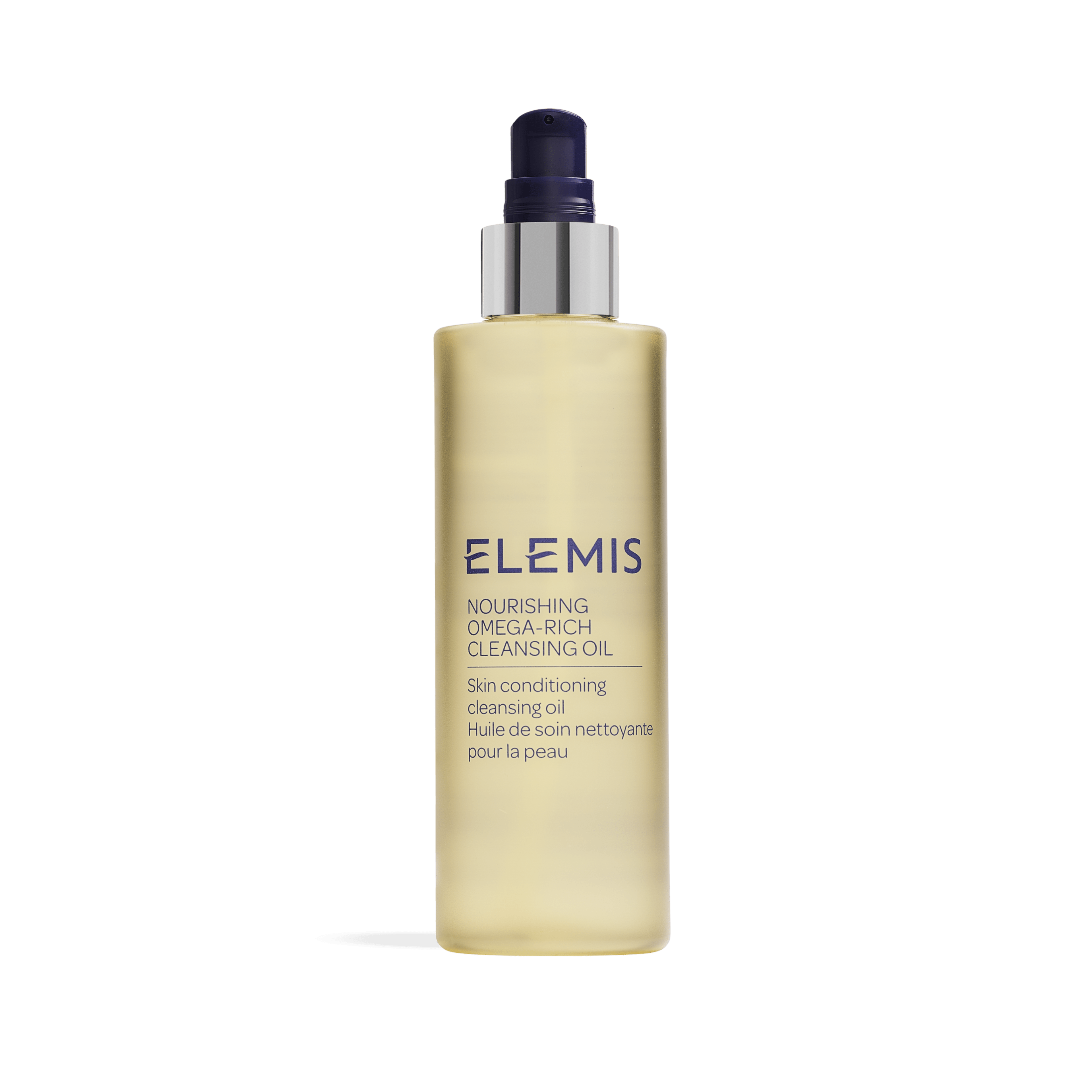 ELEMIS Nourishing Omega-Rich Cleansing Oil bottle with pump dispenser, described on the label as a skin conditioning cleansing oil in English and French, shown upright against a plain background.