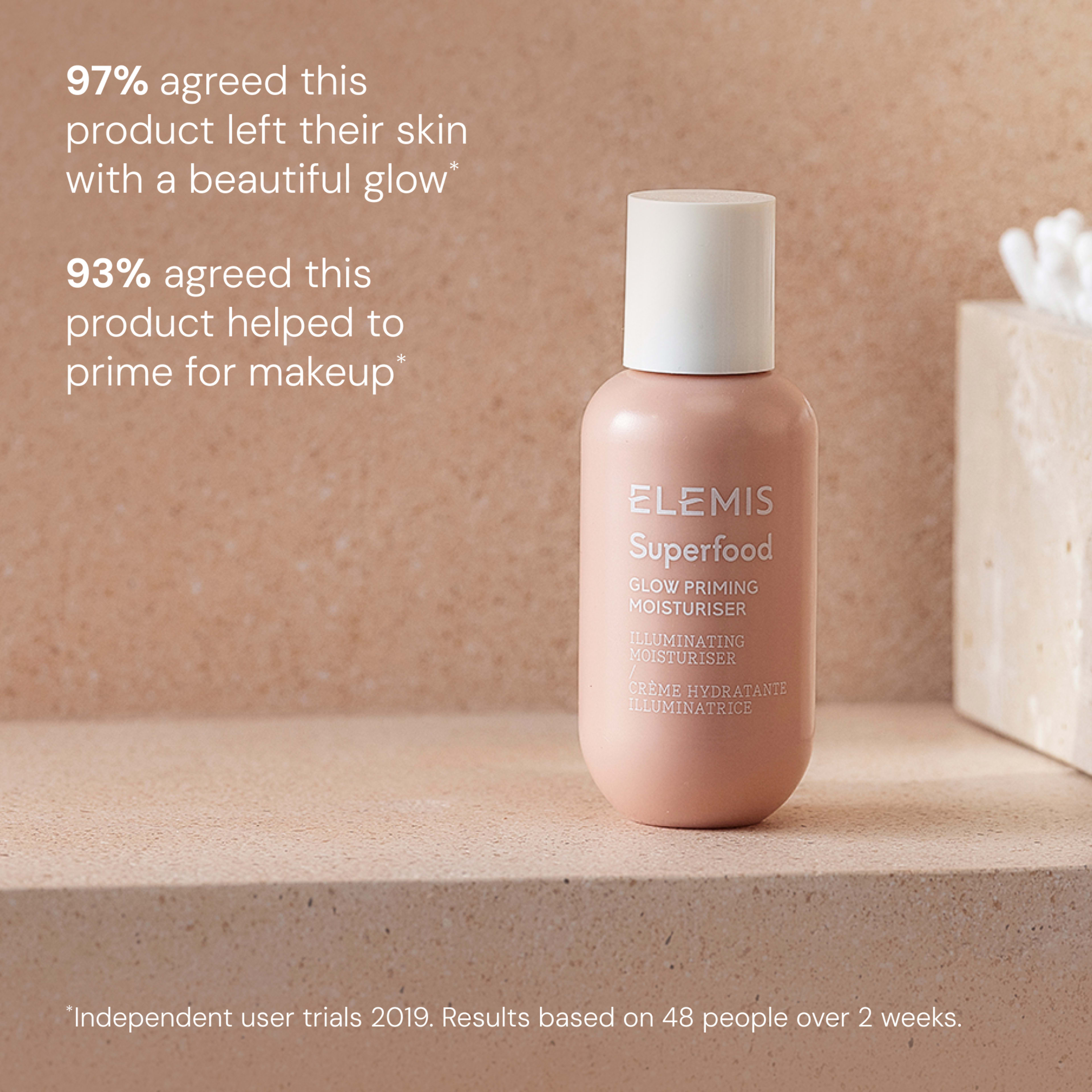 ELEMIS Superfood Glow Priming Moisturiser bottle on a beige stone surface, with text stating “97% agreed this product left their skin with a beautiful glow” and “93% agreed this product helped to prime for makeup”, from independent user trials in 2019.