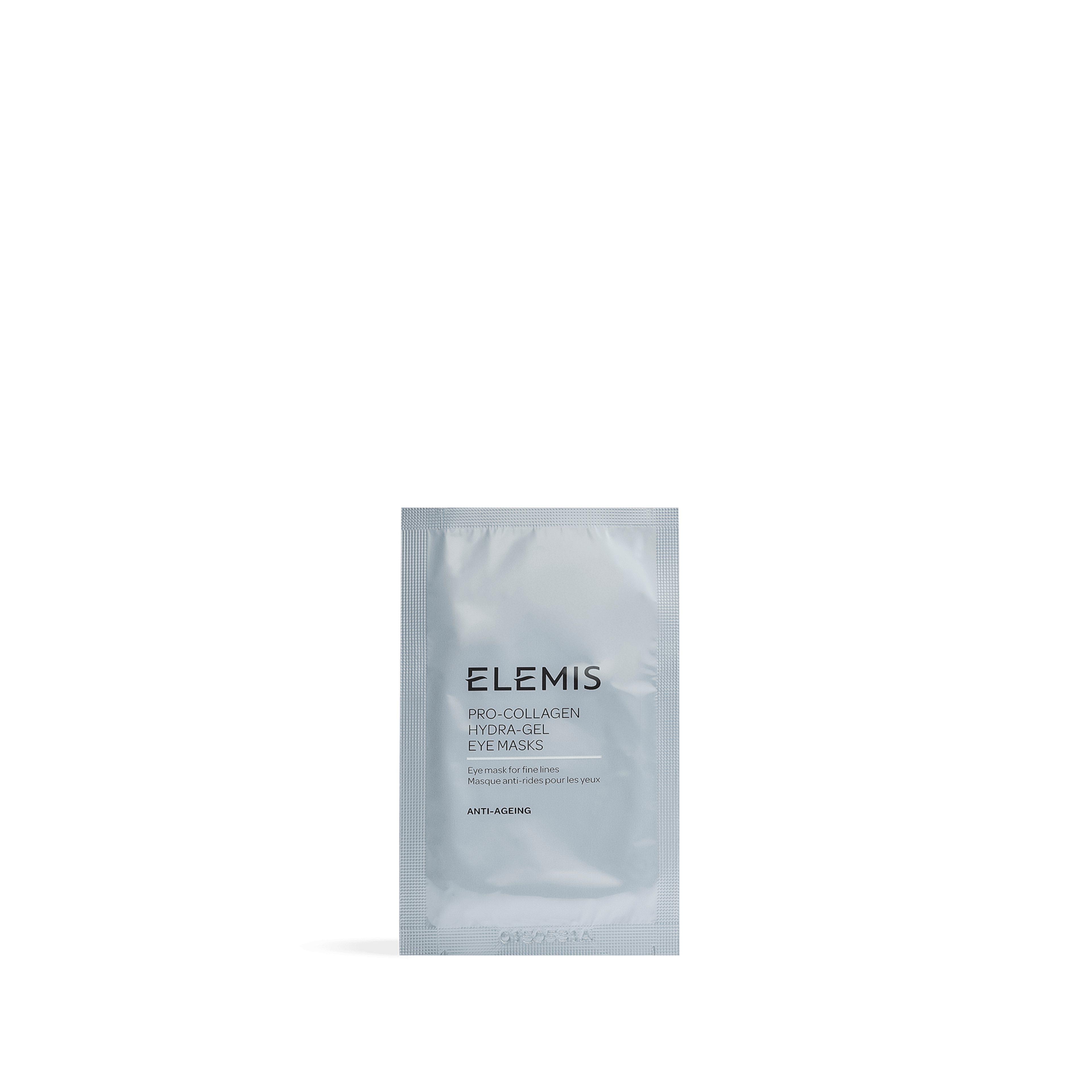 Single sachet of ELEMIS Pro-Collagen Hydra-Gel Eye Masks on a plain background, showing front-of-pack text describing anti-ageing hydra-gel eye masks for fine lines and wrinkles.